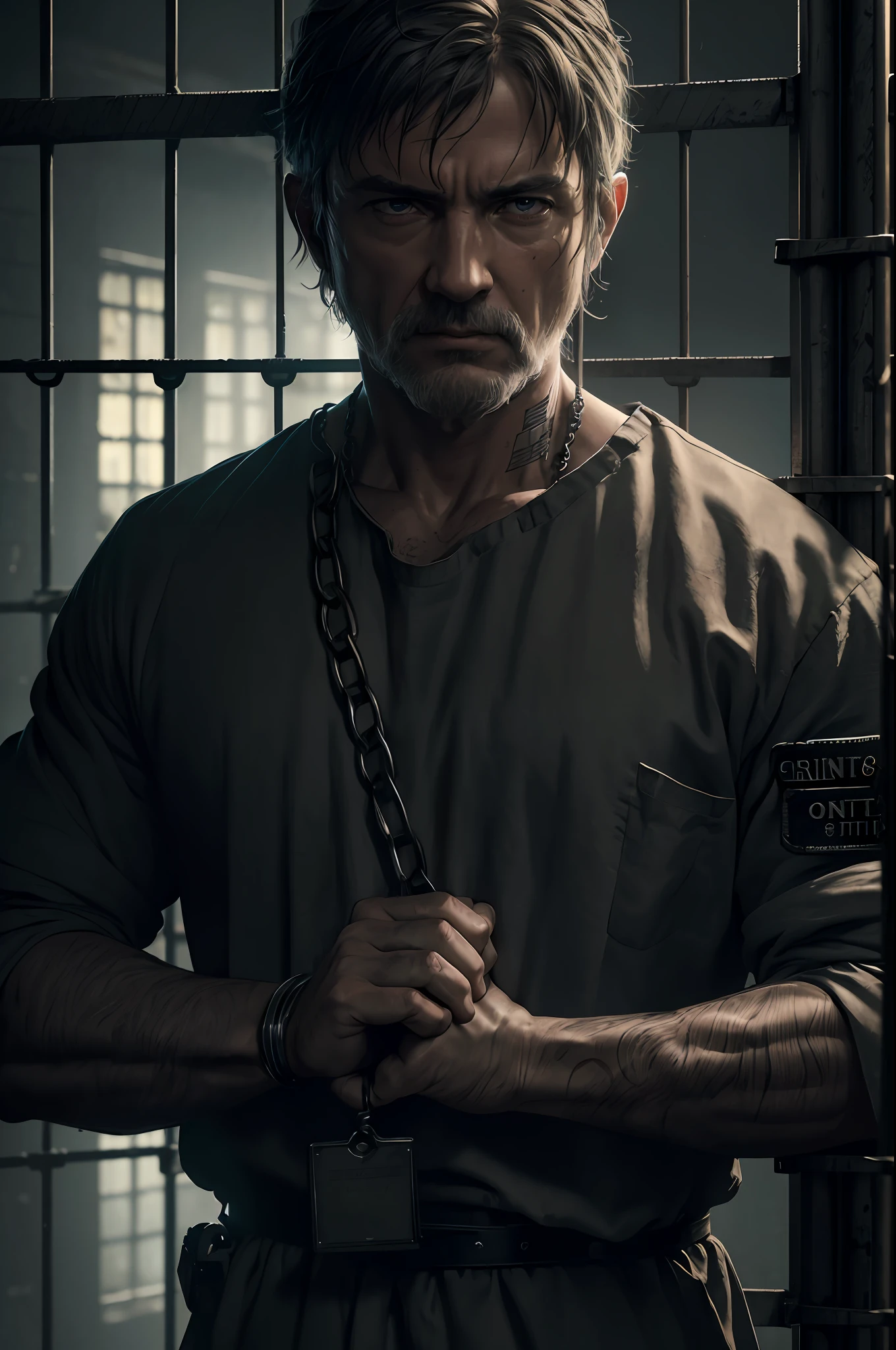 "(ultra-detailed CG unity 8k wallpaper, masterpiece, best quality, depth of field, HDR, intricate), from Greg Rutkowski, (Prisoner:1.2), handcuff, captured in a (grim and desolate) jail cell, with (dim and flickering) lighting, wearing tattered (prison uniform), shackled hands, longing for freedom."