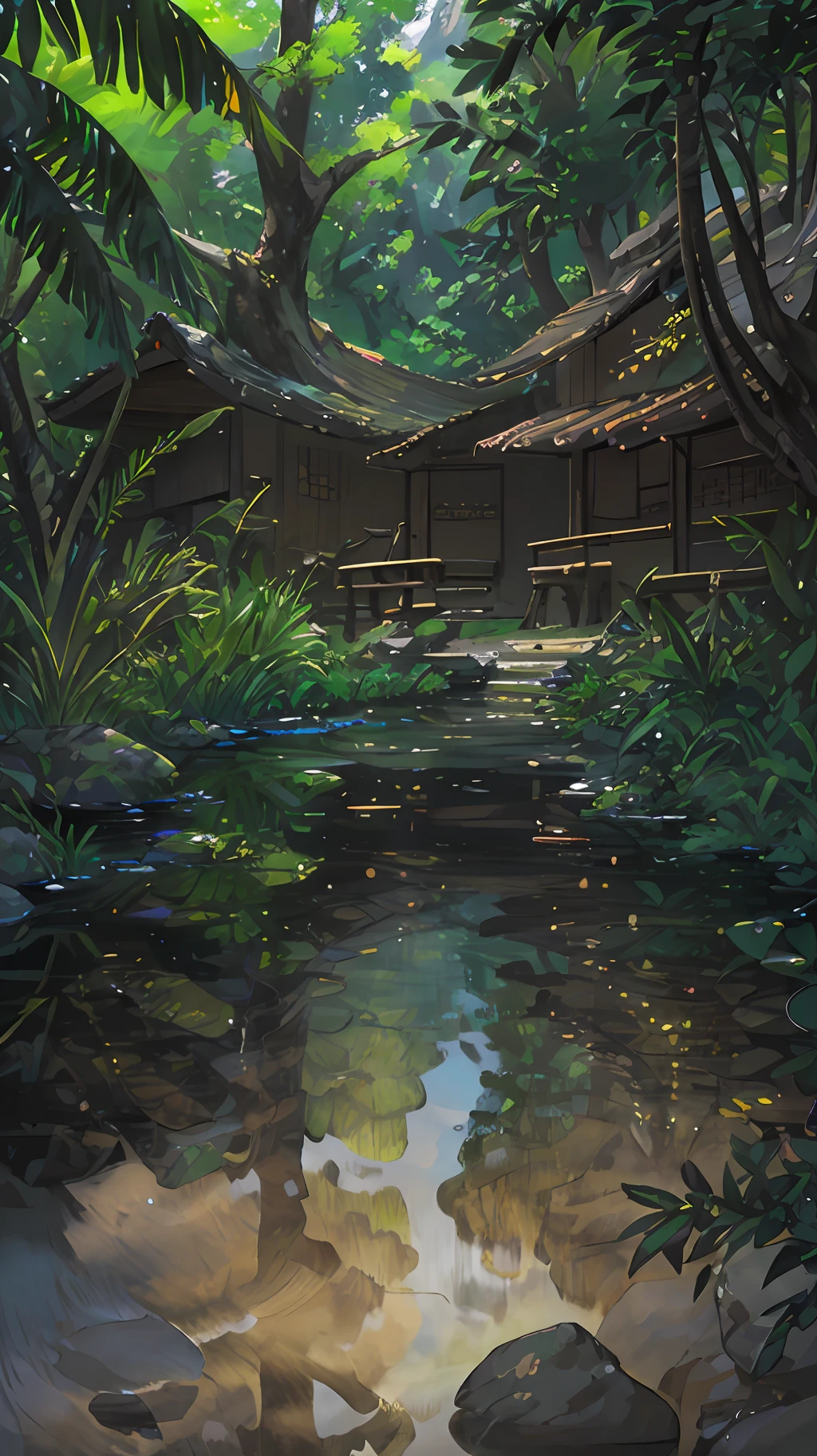 Chinese ancient times, spring, jungle, lake, cave, waterfall, tree, meadow, rock, deer, hot spring, water vapor, (illustration: 1.0), epic composition, realistic lighting, HD details, masterpiece, best quality, (very detailed CG unified 8k wallpaper)