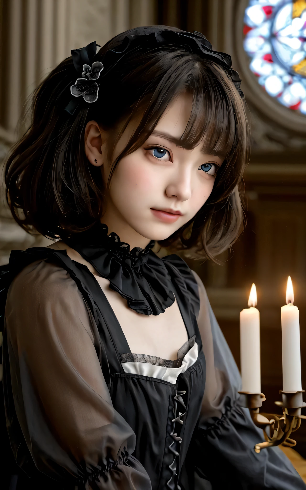 kawaii petit child childish innocent ankle-biter 1girl 8yo, star-shaped pupils small_star symbol in the pupils and iris, ((skindantation)) ((flat chest)) +++, extremely detailed character, (an extremely delicate and beautiful), solo focus, straight-on, dramatic angle, depthoffield, (expressionless languorous cute, beautiful detailed eyes lower eyelashes eyelashes, intricate:1.3 ((Gothic Lolita)) ((Frilled)) dress,skirt, Headdress, bowknot, (((hair ornament))), hair flower, eyeliner skindantation black fishnet_pantyhose, garter straps, Lace, cross-laced footwear, frilled blouse ribbon-trimmed sleeves), bloomers [background(building architecture, stained glass ((gothic architecture)) church, (castle), [fantasy])] stained glass candlestick chain iron prison, St. Peter's Basilica, vachican, portrait , +++ 
blue eyes, 
deep amber hair, 
short hair , 
twin ponytails, 
streaked hair , 
blunt bangs, 
sideburns , 
kind smile, 
nose blush , 
head_tilt standing  
+++, +++ extremely quality extremely detailed deep-silky-healthy-lackwarm-foundational-soft-skin high resolution, contrapposto glow shine like opal magnificent photo realistic ray trace depth of field hiqcgbody ++ Faint lips,UC:realistic, cinematic lighting cinematic angle Girl at the front dynamic pose