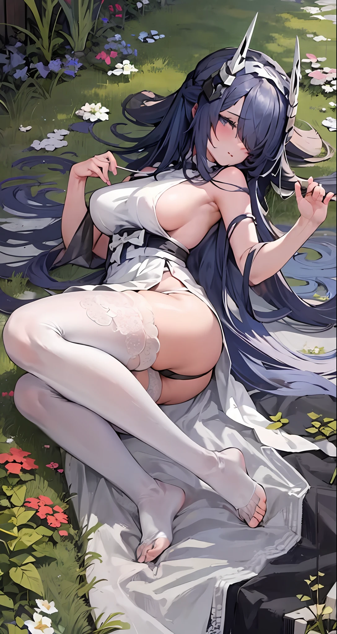 Delicate ****，Long black hair and purple apron, seductive anime girls, Beautiful anime girl kneeling,Hook up with cute feet，  Turn your back to me，beautiful and seductive anime woman, Fine details. Girl front, Guviz, Extremely detailed Artgerm, Guweiz on ArtStation Pixiv, Guweiz in Pixiv ArtStation, from girls frontline，no clothes are worn，transparent panty，Plump and soft，On the sandy beach，She crawled seductively on the ground，((prone))，((Lying down))，((crawling))