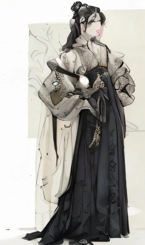 A painting of a woman in a black dress and a white blouse, intricate costume design, detailed fashion illustration, Robe. extremly high detail, , intricate hakama, clothing design, inspired by Han Gan, inspired by Sōami, very detailed and rich clothing, inspired by Sakai Hōitsu, fashion concept art