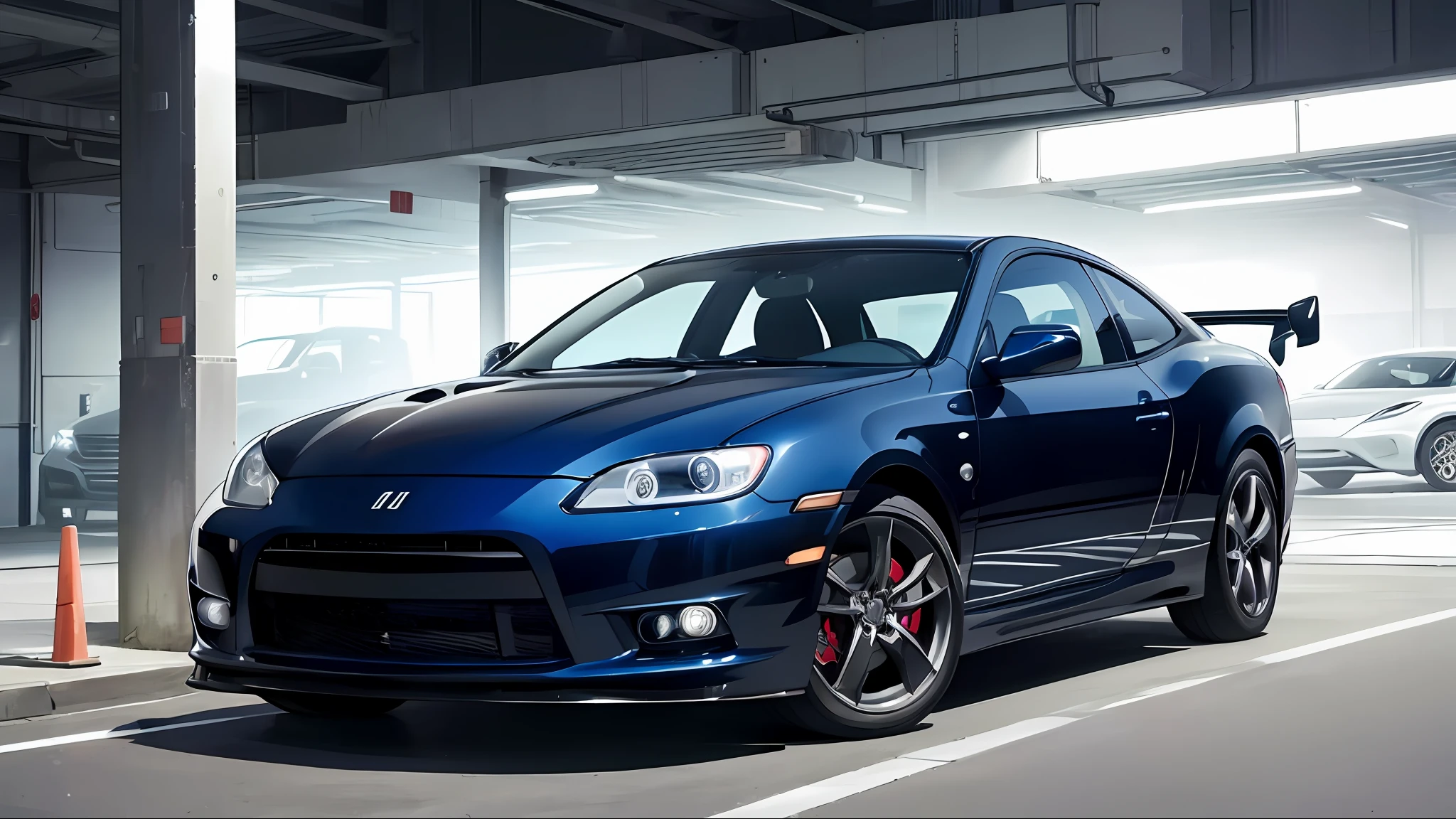 (deep in the night:1.3)、(jpn、Sports cars of the 2010s)、(3/4Front view、The car is located in the center of the frame)、、(car park、(softlighting)、、(masterpiece、top-quality:1.4、8K、ultra-detailliert、illustratio、Distinct_image、Convoluted_Details、delicate illustration)、(realisitic:0.15)、
