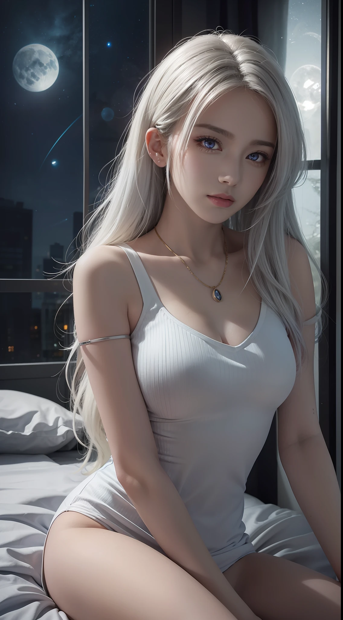 High resolution, highest quality, illustration, cinematic light, ultra-detailed faces, (fine eyes), best picture quality, ultra-detailed, masterpiece, (fine face), 1girl, girl, white hair, purple eyes, highest detail, glowing eyes, medium breathing, sitting on the bed, sitting, bed, window, night sky, backlight, light, (high contrast), (color),