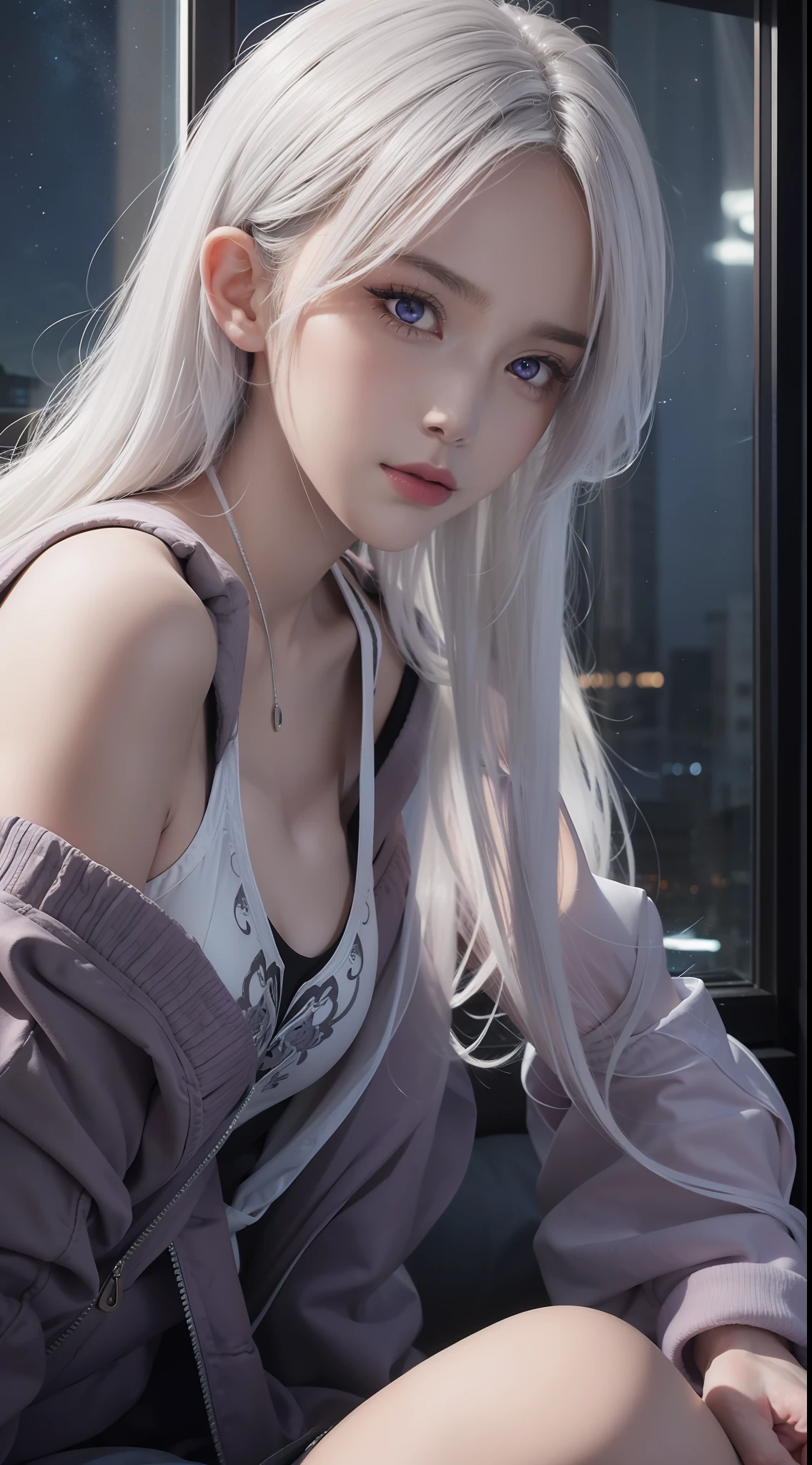 High resolution, highest quality, illustration, cinematic light, ultra-detailed faces, (fine eyes), best picture quality, ultra-detailed, masterpiece, (fine face), 1girl, girl, white hair, purple eyes, highest detail, glowing eyes, medium breathing, sitting on the bed, sitting, bed, window, night sky, backlight, light, (high contrast), (color),