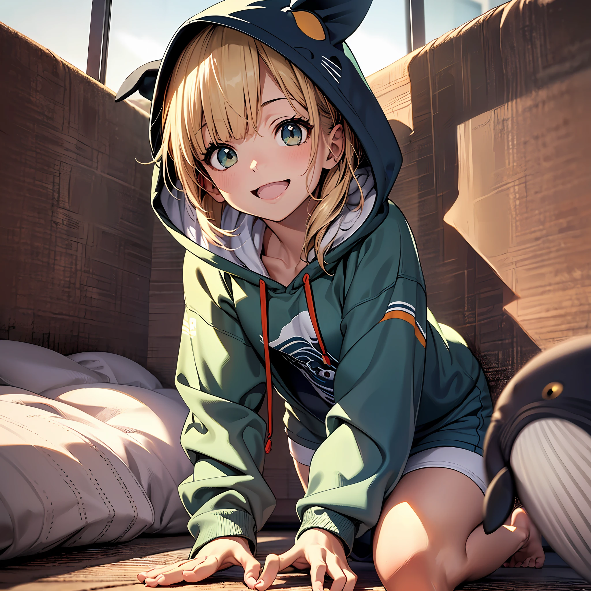 (Best Quality), (masutepiece:1.3), (Realistic), (Photorealistic:1.36), Ultra-detailed, From below, Cute  girl in whale (Cetacea spp.)Hoodie pyjamas, undershirt, bedroom, (flat chest), big smile, Dynamic Angle, (Kneeling, Hands on the floor in front of you)