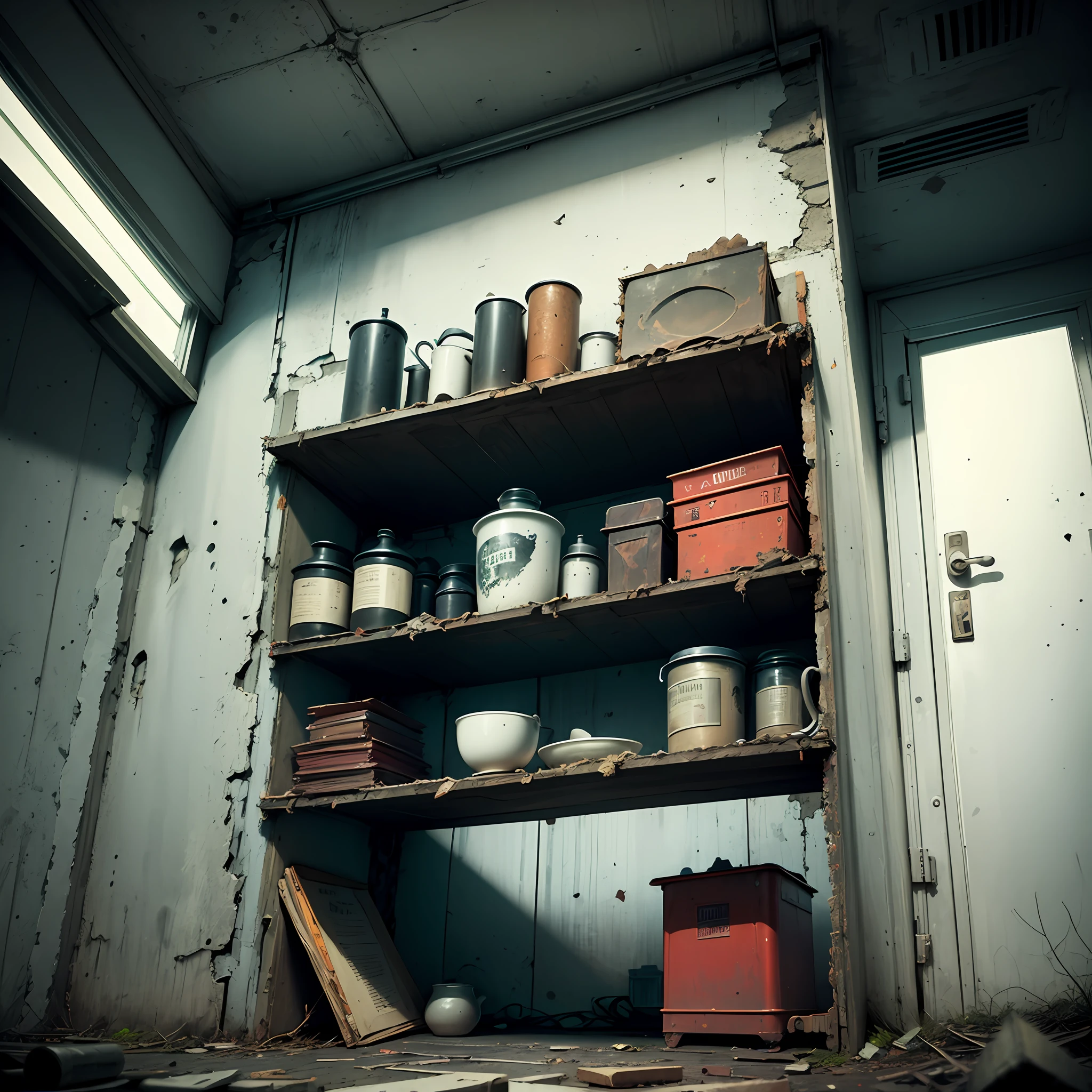 terroral,darkly,Metal shelves,Desolation and slaughter,There is no light,Dark and terrifying,Empty environment,Bleak and dead --auto