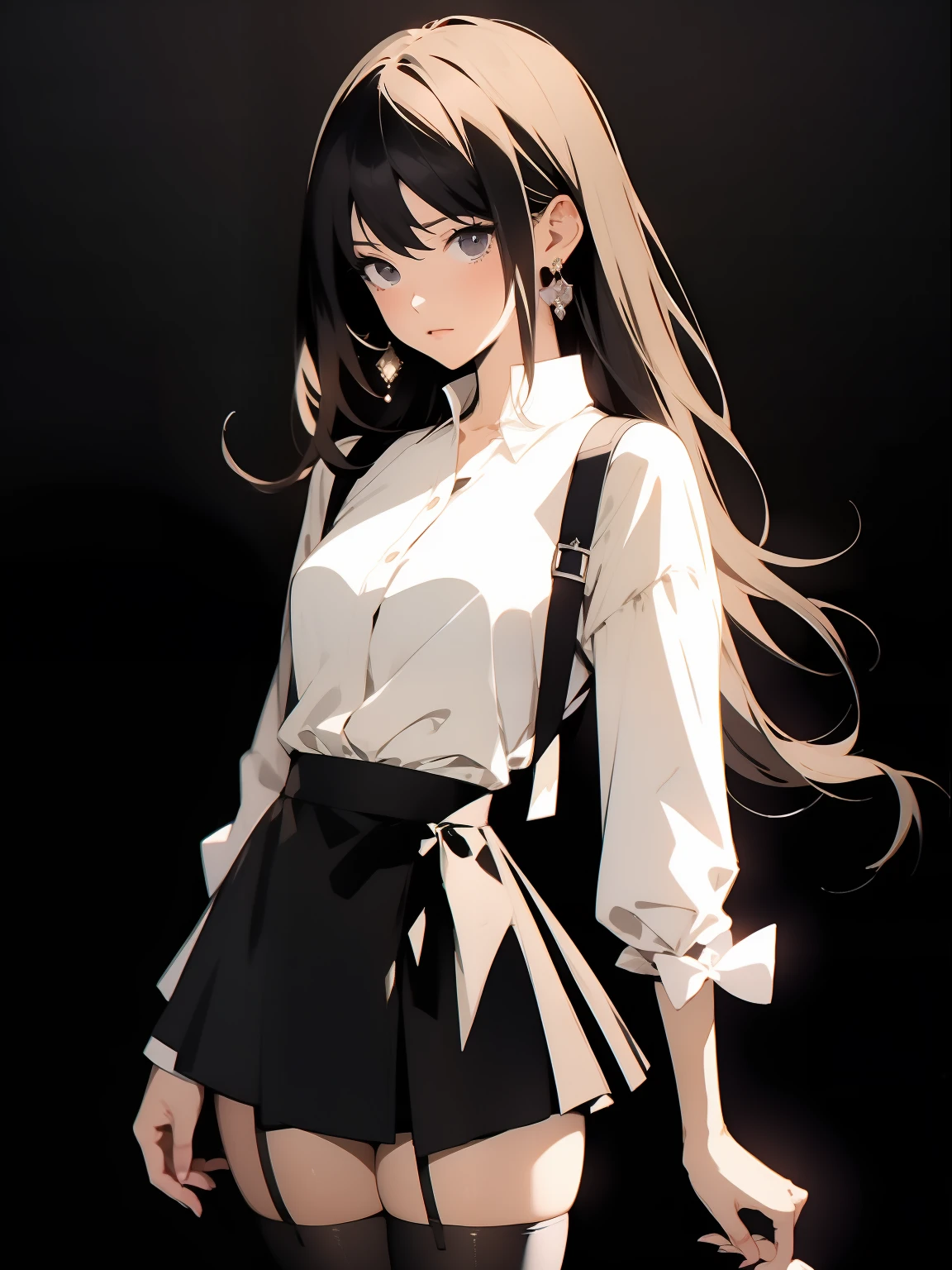 （（absurderes））， （（best qualtiy））， （（tmasterpiece））， （（Simon Bisley））， （（（Wemple）））， Beautiful and elegant anime woman with small breasts wearing white fashion shirt and black skirt， Bare hands， whaite hair， 30 years old， Toned tall body， Two-piece costume， Small earrings， White calf stockings，cute  face， Sexy standing pose， with black background， Grayscale images， Colorless lighting