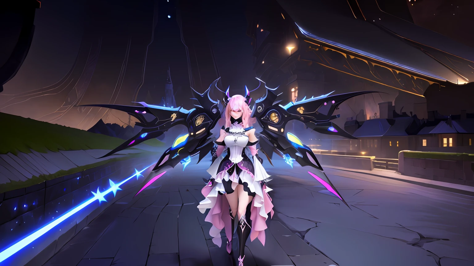 Anime character with horns and a heavy cybe parapet in the colors white dark pink standing in front of a full moon, moon clothes, fantasy outfit, in-game render, astral witch clothes, highly detailed full body, anime very detailed, clear outfit design, hair color white dark pink, 8k octae render photo, beautiful celestial demonin with large black cyborg wings on both sides