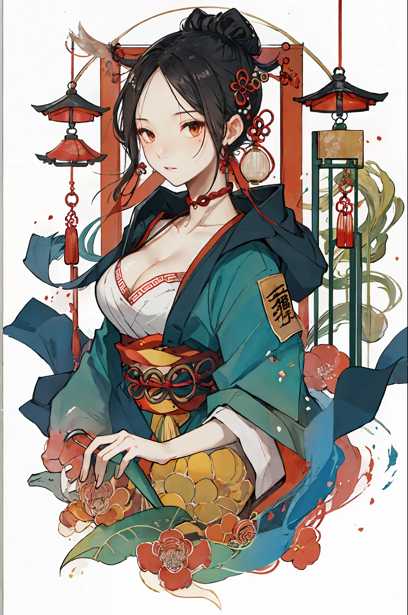 Ancient Chinese Girls, length hair、Delicate, Beautiful, Illustration level, epic composition, Atmosphere, simplicity、wind chime、cleavage of the breast、natta、