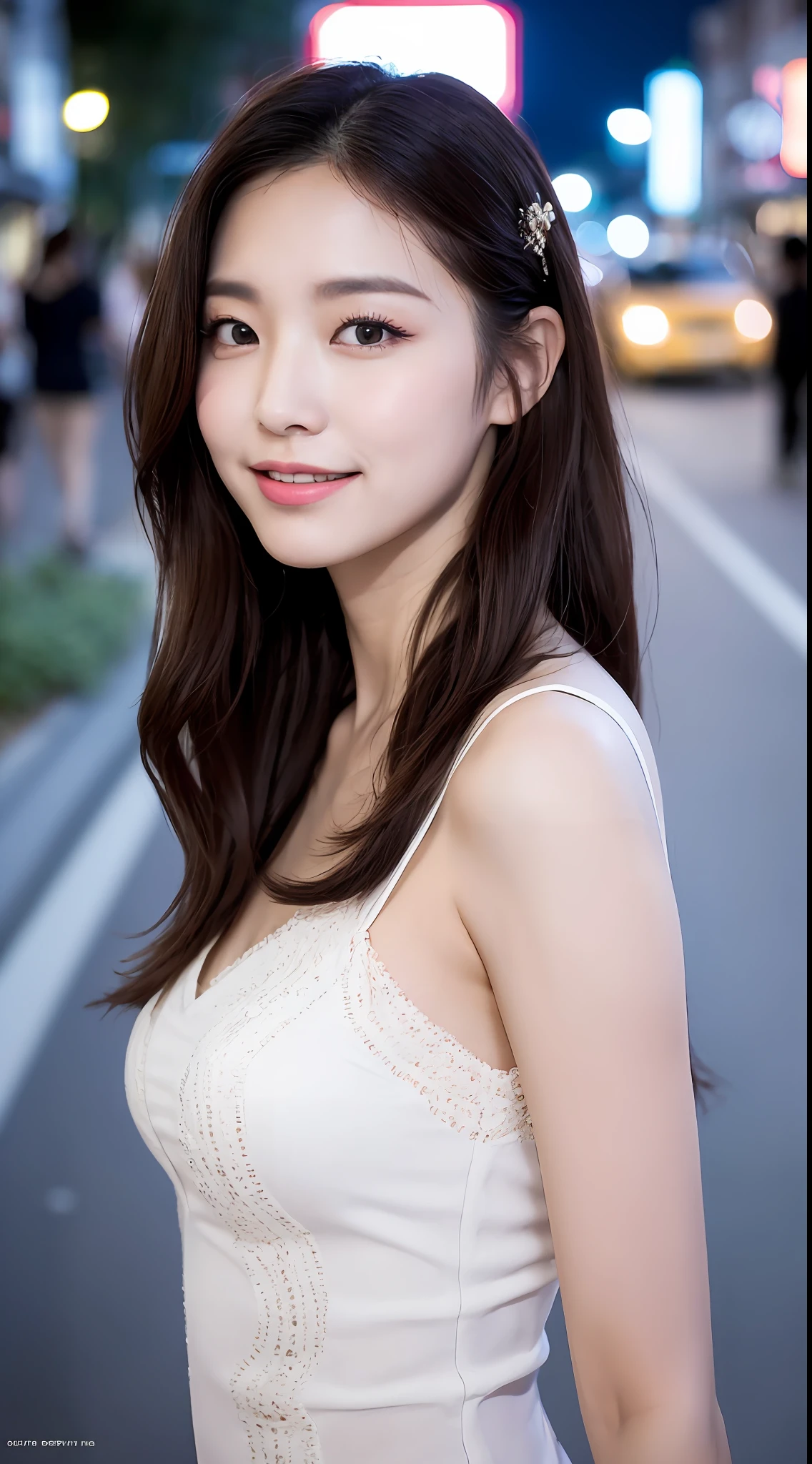 (1 Korean star with royal sister style), ((Best quality, 8K, 巨作: 1.3)), focal point: 1.2, Perfect body proportions: 1.4, (Make a smile), (Ray traching),Watery eyes, Highly Detailed Face and Skin Textur, Fine eyes, Double eyelids, Whitens the skin, (long whitr hair, Air bangs: 1.3), (face round: 1.5), (ta prostitute: 1.4), (the night,Stand on the street: 1.6),(film grain style:1.3),a sense of atmosphere,Slip dress
