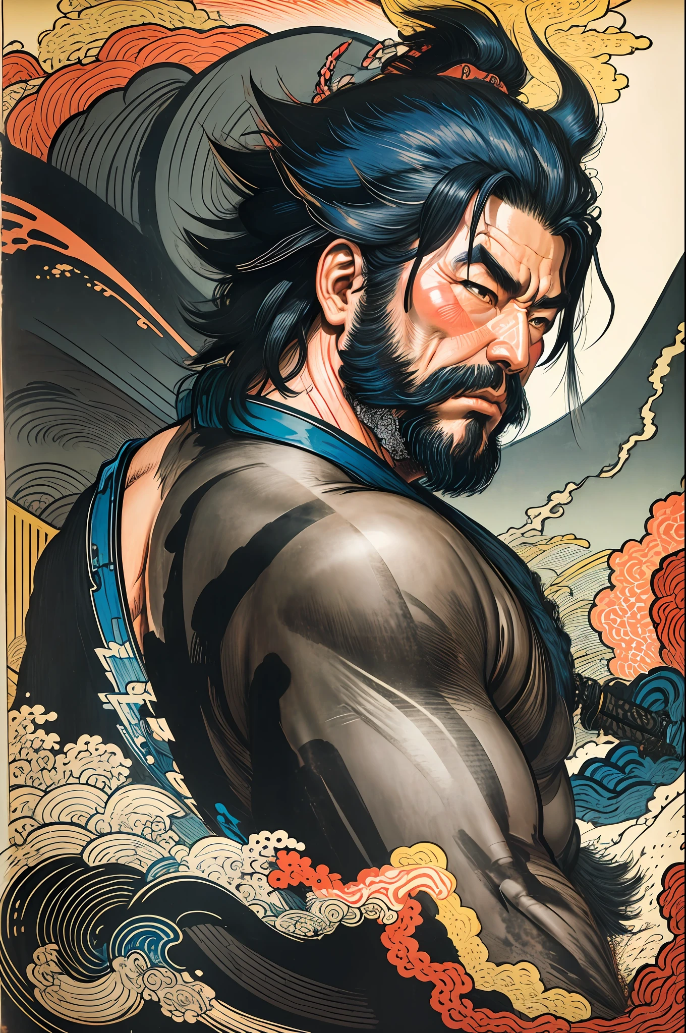 It is a full-body painting with natural colors with Katsushika Hokusai-style line drawings. The swordsman Miyamoto Musashi has a big body like a strongman. Samurai of Japan. He has a dignified yet manly expression of determination, short black hair, and a short, trimmed beard. His upper body is covered in a black kimono and his hakama is knee-long. In his right hand he holds a Japan sword. In the highest quality, in the high-resolution ukiyo-e style lightning and swirling flames of the masterpiece. Miyamoto Musashi stands with his face and body facing forward, his back straight.