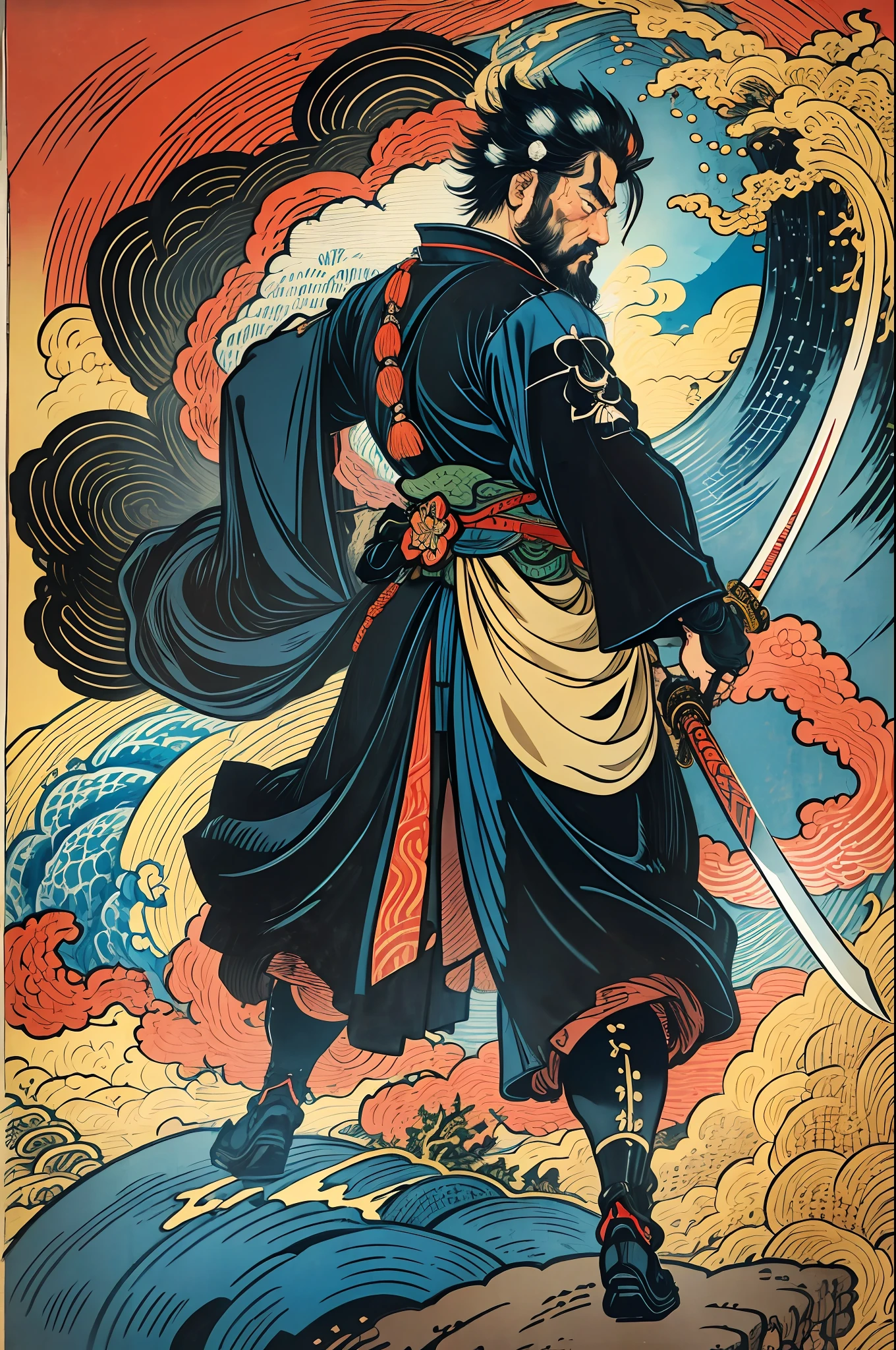 It is a full-body painting with natural colors with Katsushika Hokusai-style line drawings. The swordsman Miyamoto Musashi has a big body like a strongman. Samurai of Japan. He has a dignified yet manly expression of determination, short black hair, and a short, trimmed beard. His upper body is covered in a black kimono and his hakama is knee-long. In his right hand he holds a Japan sword. In the highest quality, in the high-resolution ukiyo-e style lightning and swirling flames of the masterpiece. Miyamoto Musashi stands with his face and body facing forward, his back straight.