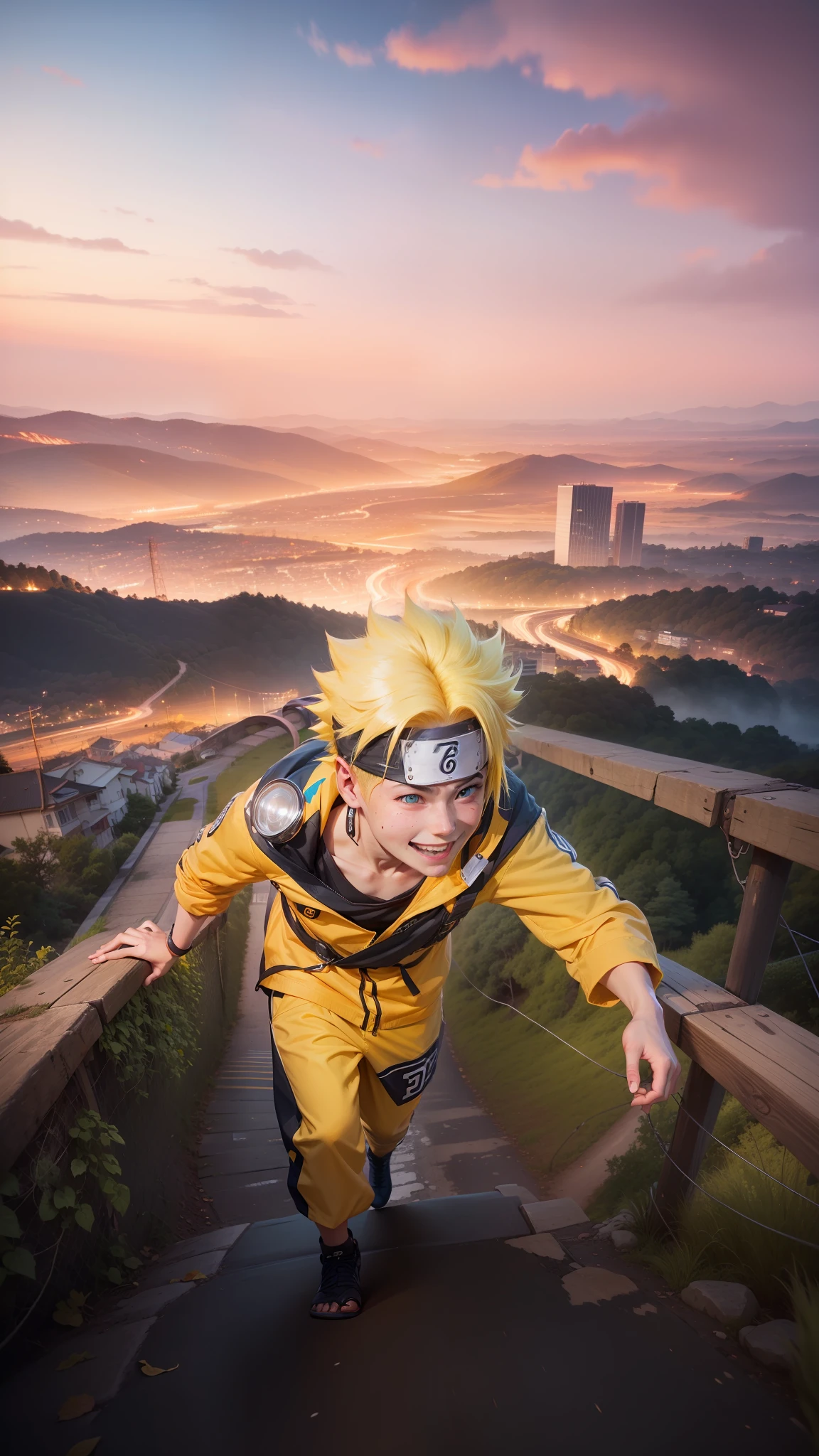 boy with yellow hair, blue eyes, smile, headband,happy,climbing a hill, with an urban scene in the evening, yellow jacket, sunset, cat whiskers on his cheeks,Sunset, RAW photo, cinematic photography, 8K, realistic, detail face,Uzumaki Naruto, japanese boy,