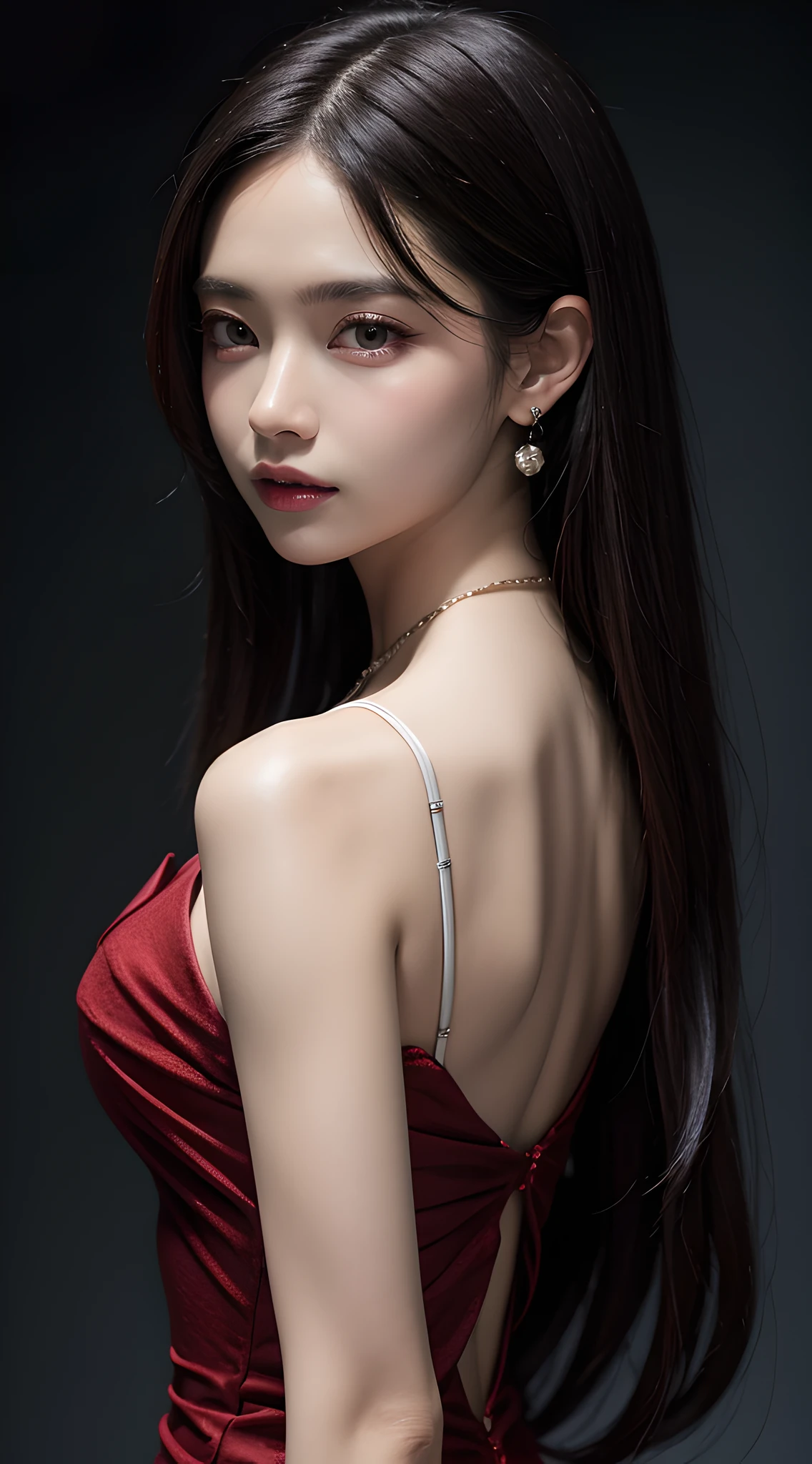 (masterpiece, best quality:1.5), night, dark theme, (upper body, looking at viewer, dark red dress:1.3), candid pose, earrings, necklace, (violaceaess, gardeniass, delicate girl, 8k, 85mm portrait, official art, raw photo, absurdres, short sleeve, cinch waist:0.8), close up face, sophisticated, (facelight, clear lighting, sharp focus:0.8), redish pink lips, bokeh background, detailed eyes and face