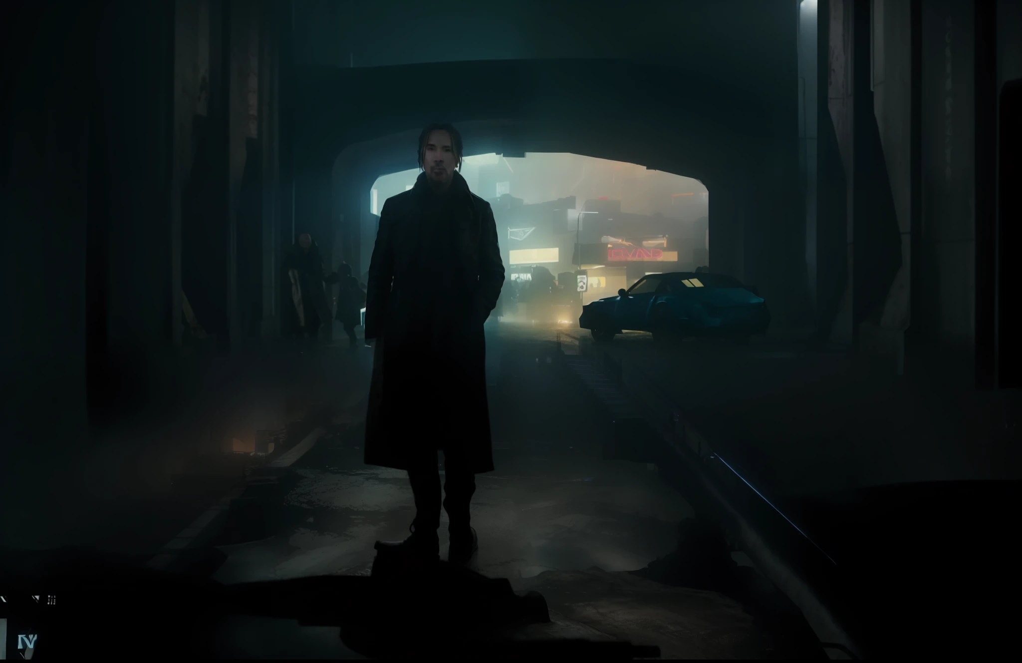 Arafed Man in a Trench Coat Standing in a Dark Tunnel, Stunning and Moody Cinematography, In Roger Deakins Style, Blade Runner 2049 Style, Dramatic Cinematic Shot, In Blade Runner 2049 Movie, Neo Style Black, Blade Runner 2049 Style, Moody Cinematic Lighting, Blade Runner 2049 Movie, Dark Cinematic Lighting, Keanu Reeves in Blade Runner 2049.