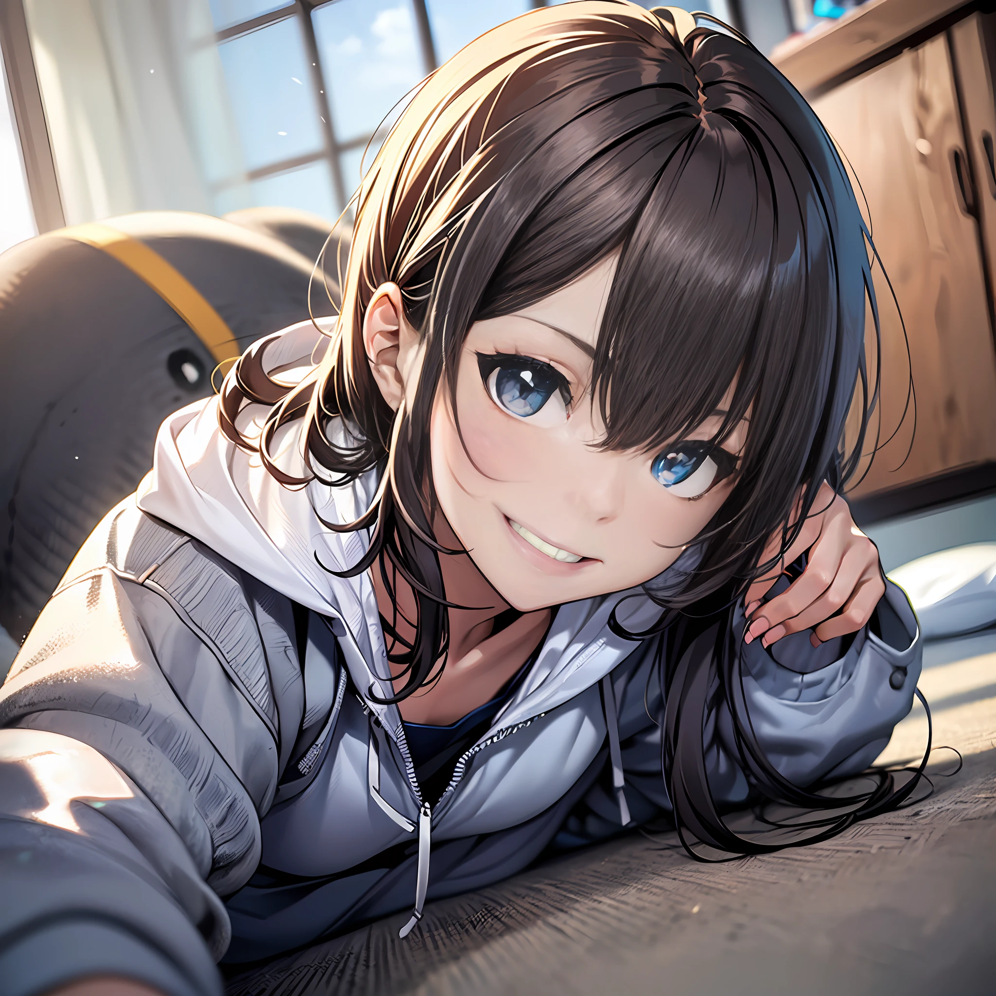 (Best Quality), (masutepiece:1.3), (Realistic), (Photorealistic:1.36), Ultra-detailed, From below, Cute little girl in rockhopper penguin (Eudyptes chrysocome) Hoodie pyjamas, undershirt, bedroom, (flat chest), big smile, Dynamic Angle, (Kneeling, Hands on the floor in front of you)