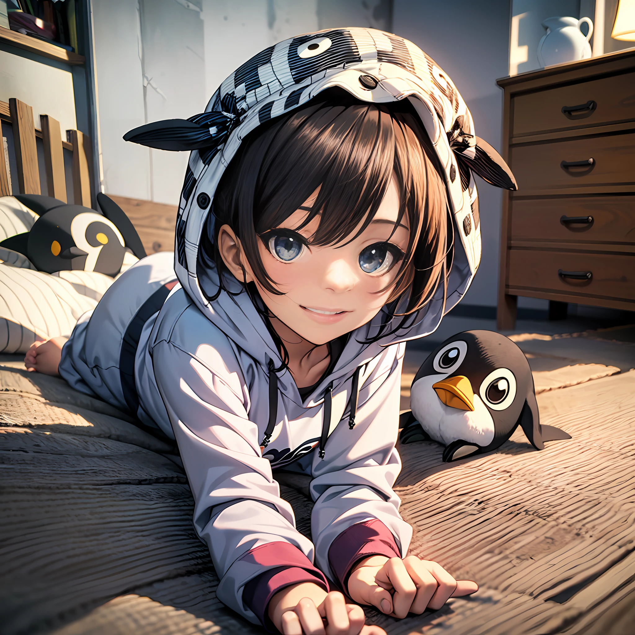 (Best Quality), (masutepiece:1.3), (Realistic), (Photorealistic:1.36), Ultra-detailed, From below, Cute in rockhopper penguin (Eudyptes chrysocome) Hoodie pyjamas, undershirt, bedroom, (flat chest), big smile, Dynamic Angle, (Kneeling, Hands on the floor in front of you)