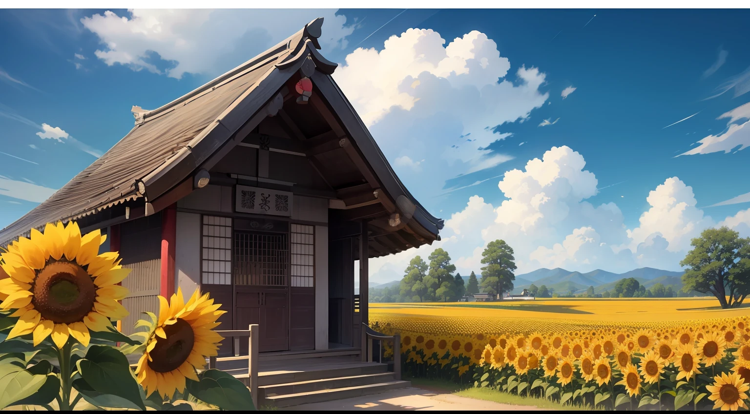 4K、high-level image quality、Old Japan、Shrine seen in the distance、sunflowers fields、landscapes、blue-sky、sunlights、Spread up、during daytime、Gentle scenery、Beautiful fece、Sunflowers in full bloom、Sunflower in the foreground and sunflower field in the distance