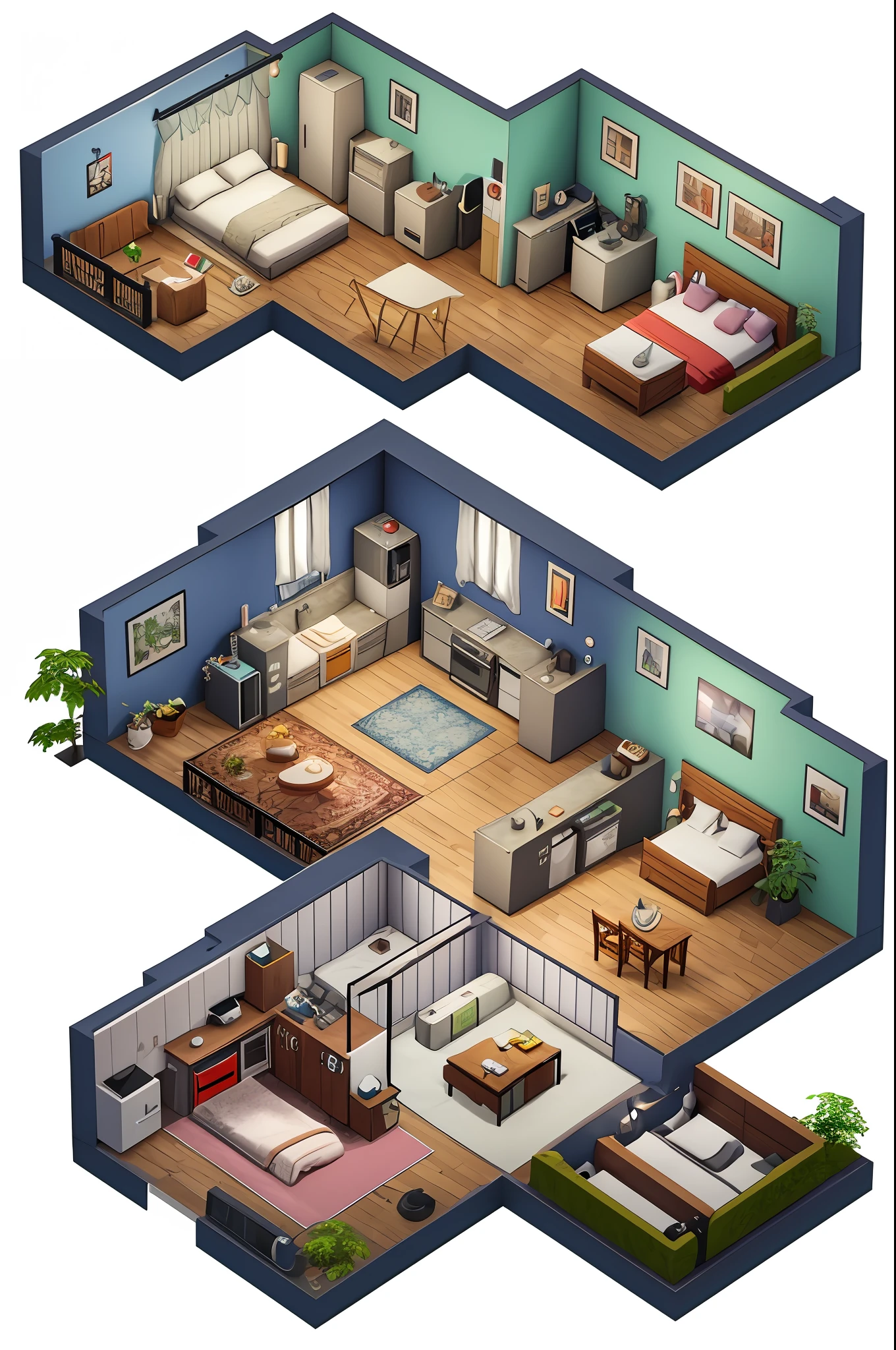 Isometric view of a apartment with photography studio like the sims, simlish, 3d model, cottagecore, sim, cozy, blueprint, game concept