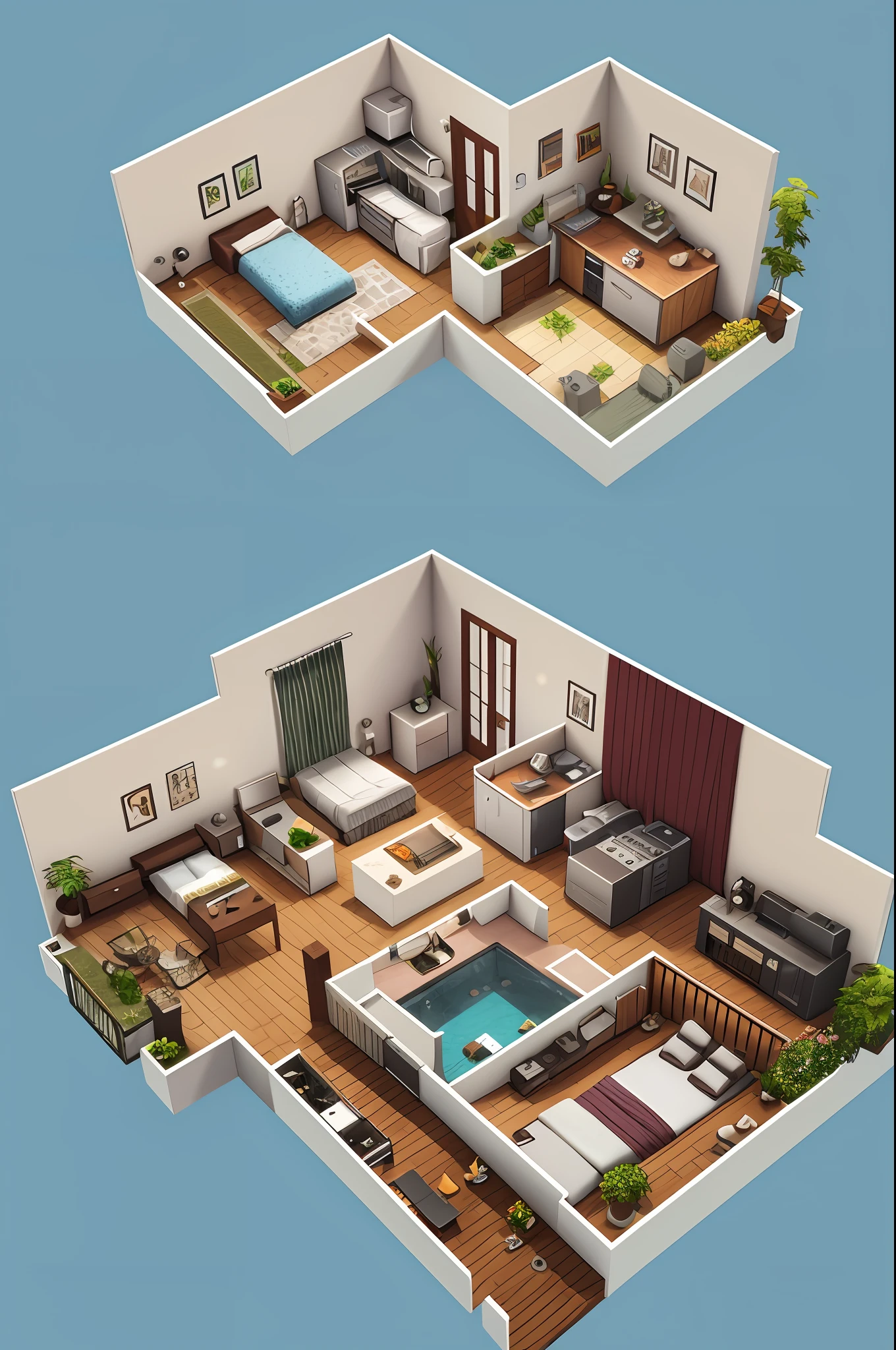 Isometric view of a apartment with photography studio like the sims, simlish, 3d model, cottagecore, sim, cozy, blueprint, game concept