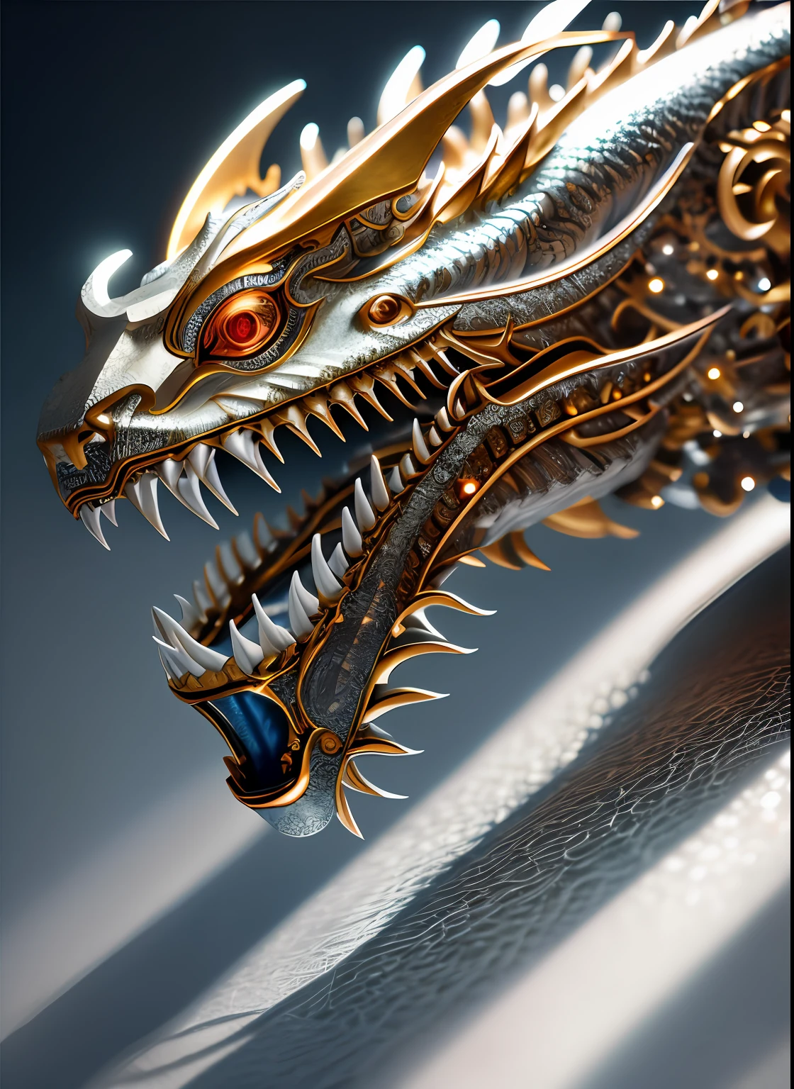 Chinese dragon mechanical head,Mechanical body structure,photograph realistic,hyper-detailing,natural soft light,Pale color background,photore,Studio lighting for film shooting + dynamic compositions,incredibily detailed,Sharpen,the detail + intricately details + profesional lighting,cinmatic lighting + 35mm + deformation + lightroom + photography of + bokeh + lens flare glow + filmgrain