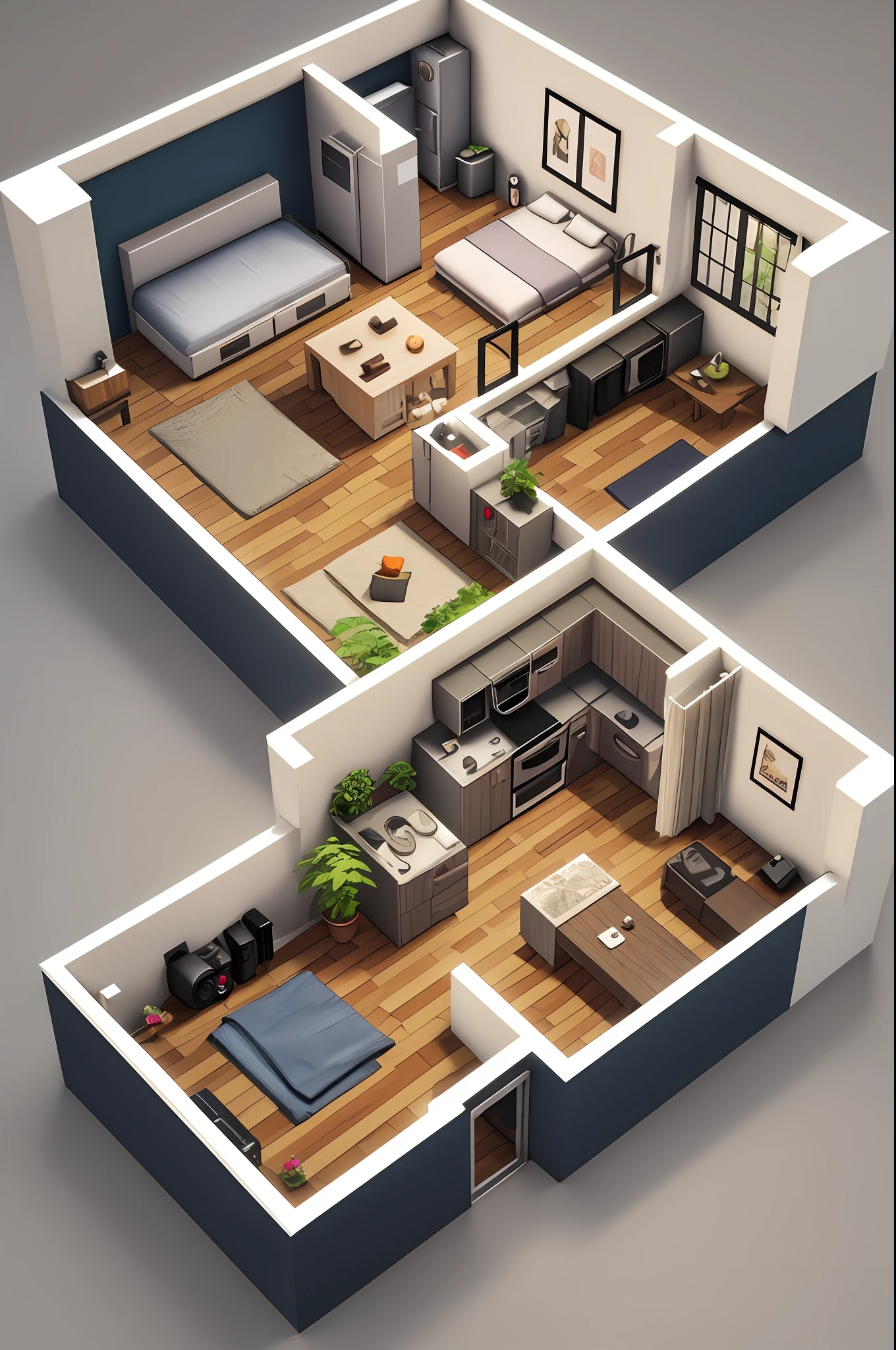 Isometric view of a apartment with photography studio like the sims, simlish, 3d model, cottagecore, sim, cozy, blueprint, game concept