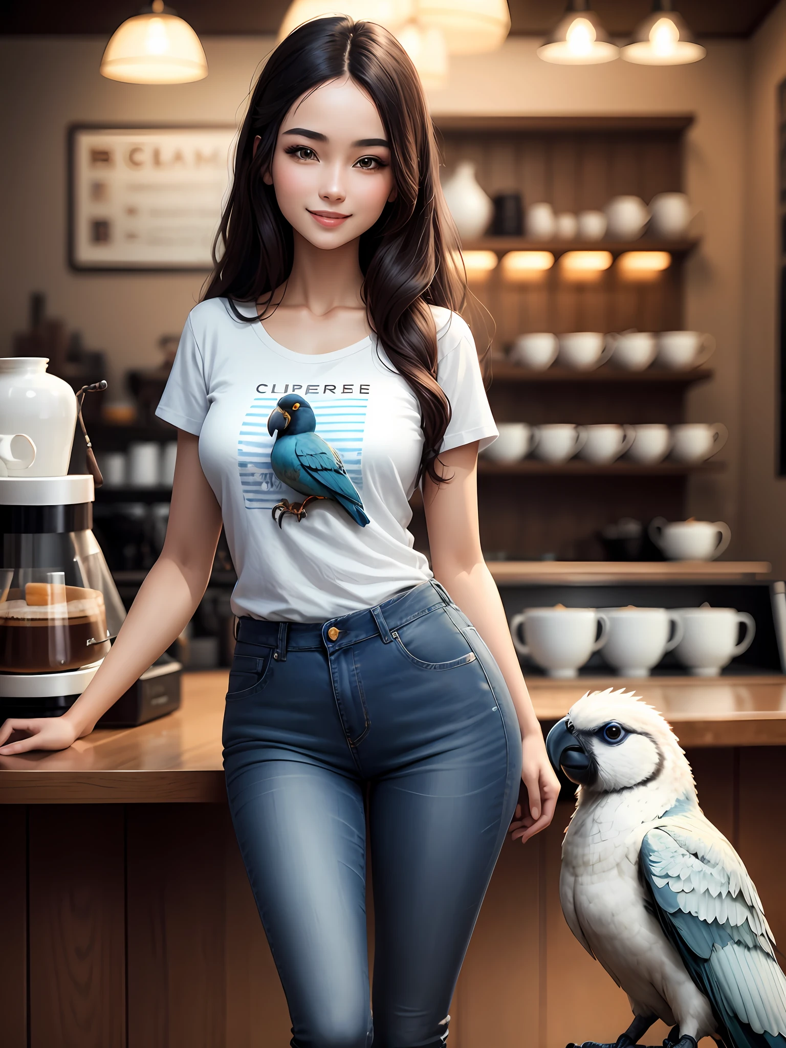 Masterpiece, best quality, super detailed,a beautiful Eurasian girl, long hair, oval face, 2-lid opening eyes, smiling face with Beautiful front teeth, wearing T-shirt and blue jeans, standing in a beautiful coffee shop, holding a parrot, small tits , detailed skin,8K, full body shot