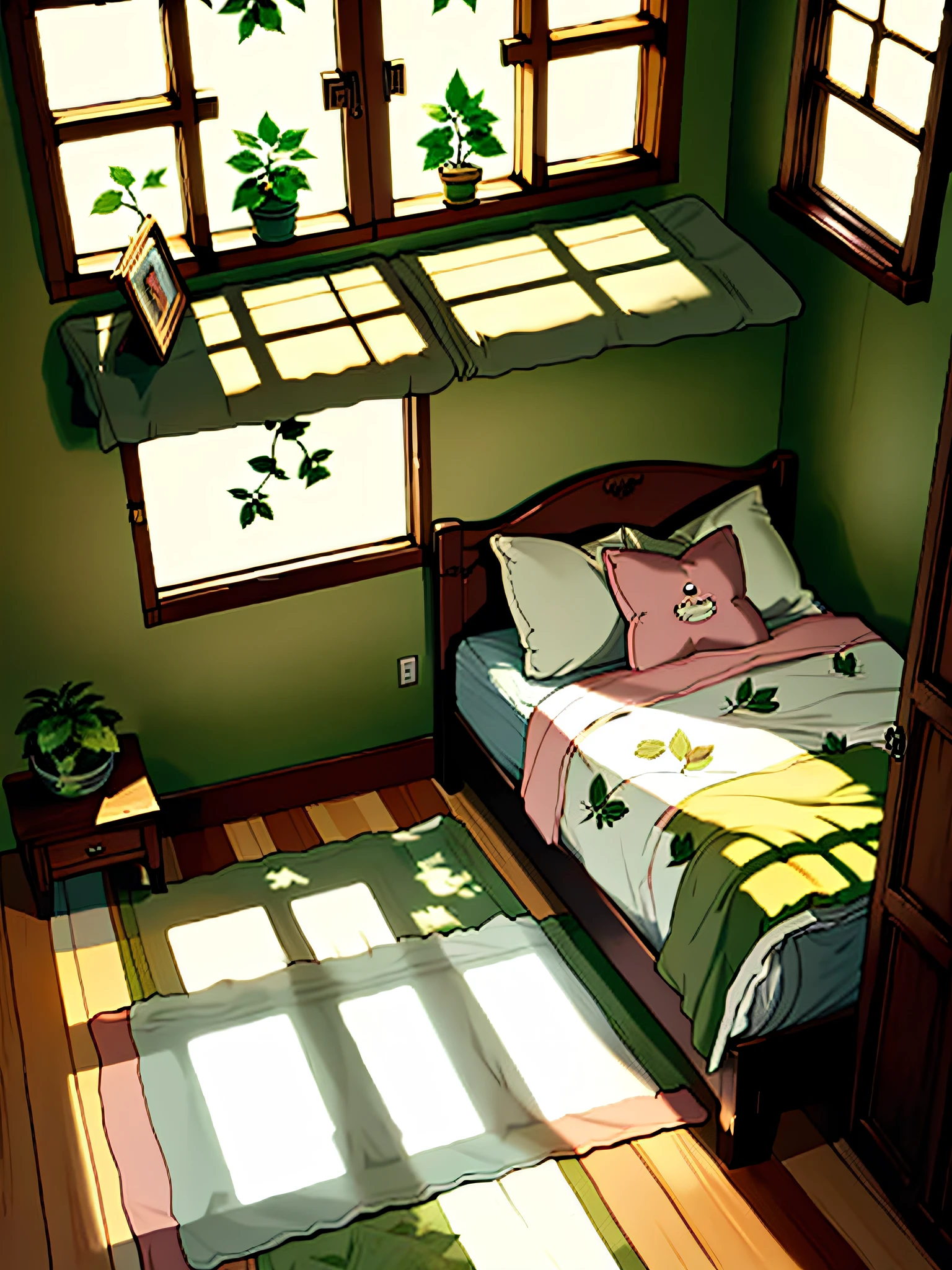 A beam of light shines through the forest into the bedroom bay window，The window is covered with pink mats，On it lies a 7-month-old kitten，In front of the bay window is a small bed，The bed is covered with a quilt with a light green plant pattern，Next to the bed is a floor lamp and a small sofa，There are two books next to it，There are also several pots of greenery on the ground，in style of hayao miyazaki，watercolor paiting，𝓡𝓸𝓶𝓪𝓷𝓽𝓲𝓬，naturey