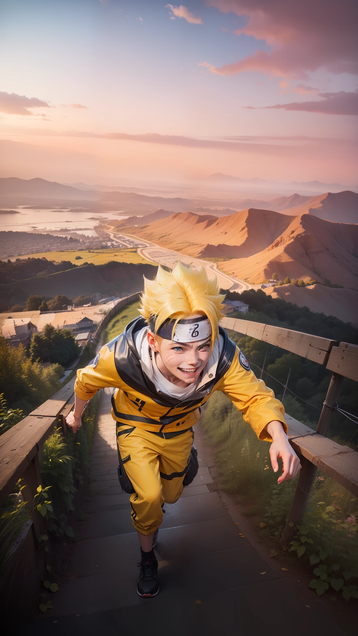 boy with yellow hair, blue eyes, smile, headband,happy,climbing a hill, with an urban scene in the evening, yellow jacket, sunset, cat whiskers on his cheeks,Sunset, RAW photo, cinematic photography, 8K, realistic, detail face,Uzumaki Naruto, japanese boy,