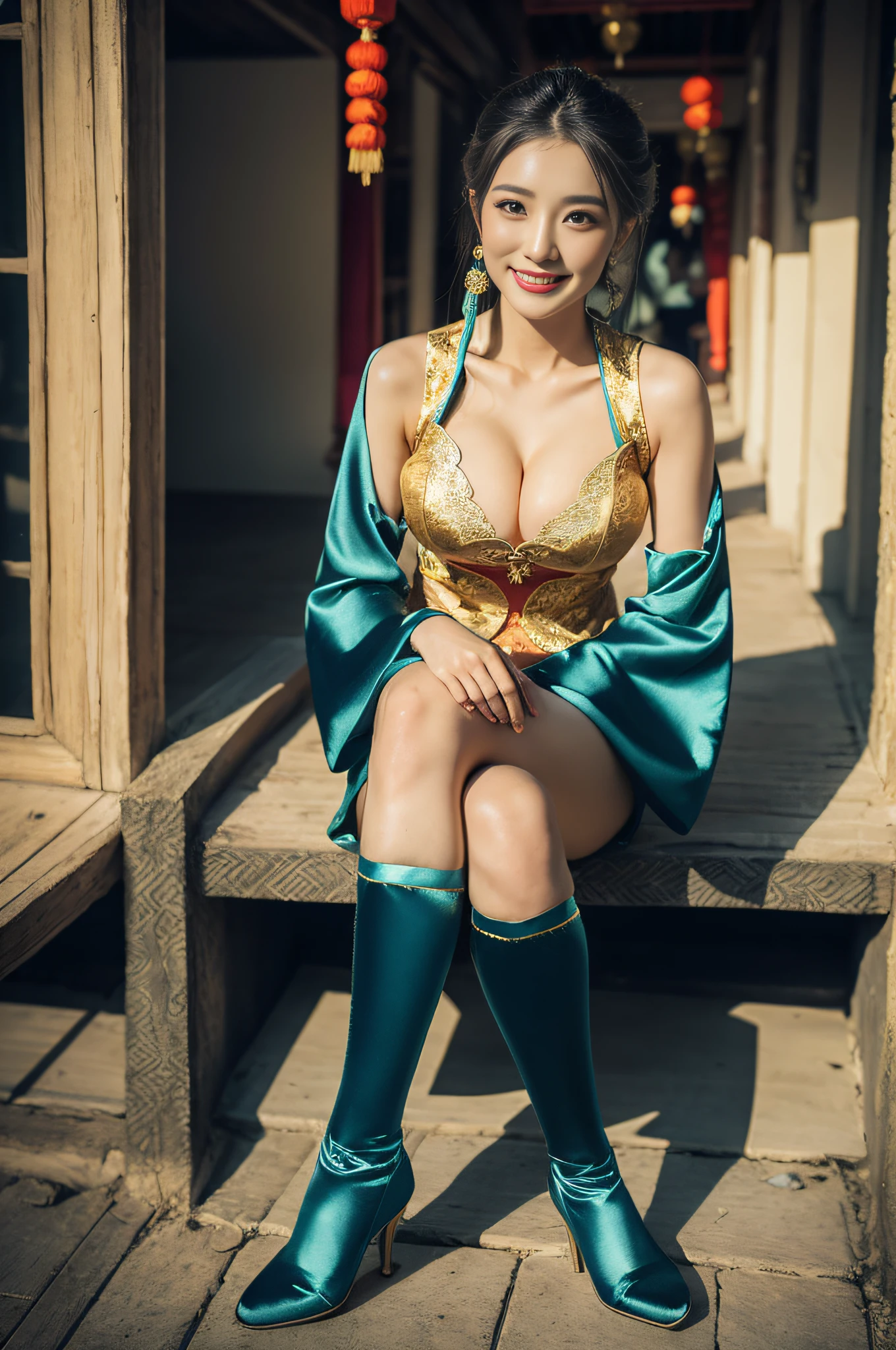 (((long Traditional Chinese costumes outfit comes off))),(((view full body))),(((Show cleavage))),(((bare inner thigh)))、(((show side breast))),(((detached sleeves))),(((over-kneehighs))),ulzzang-6500-v1.1, (Raw photo:1.2), (Photorealsitic:1.4), a beautiful detailed girl, extremely detailed eye and face, beautiful detailed eyes, ultra-detailed, High resolution, top-quality, ​masterpiece, ighly detailed, 8k wallpaper, magnifica, finely detail, top-quality, Light on the face,电影灯光,1girl in,(Forbidden City during the Ming Dynasty),Beautiful eyes,smile,Opening Mouth,(((pants wedged between buttocks))),Lace-rimmed panties