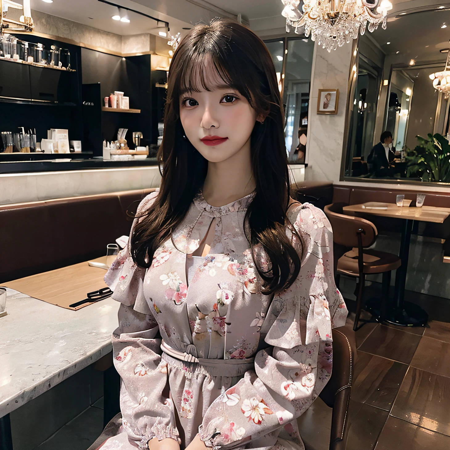 (top-quality、ultra-detailliert、high-resolution illustrations、Ultra-high-definition CG、One beautiful woman、Floral dress、cafes、