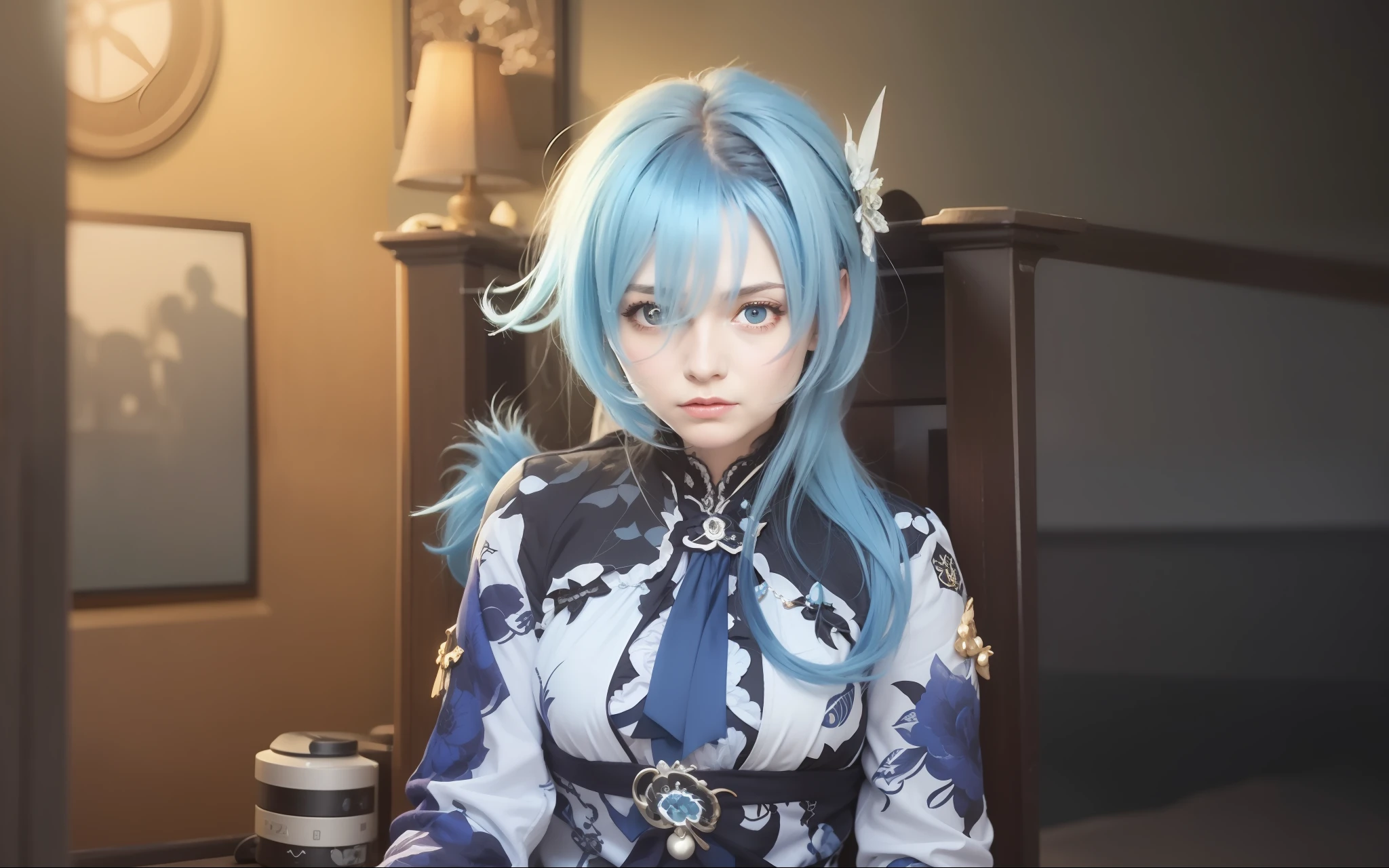 Eula lawrance from the game genshin impact, blue and white shirt, blue hair, ultra detail, realistic, 70mm lens