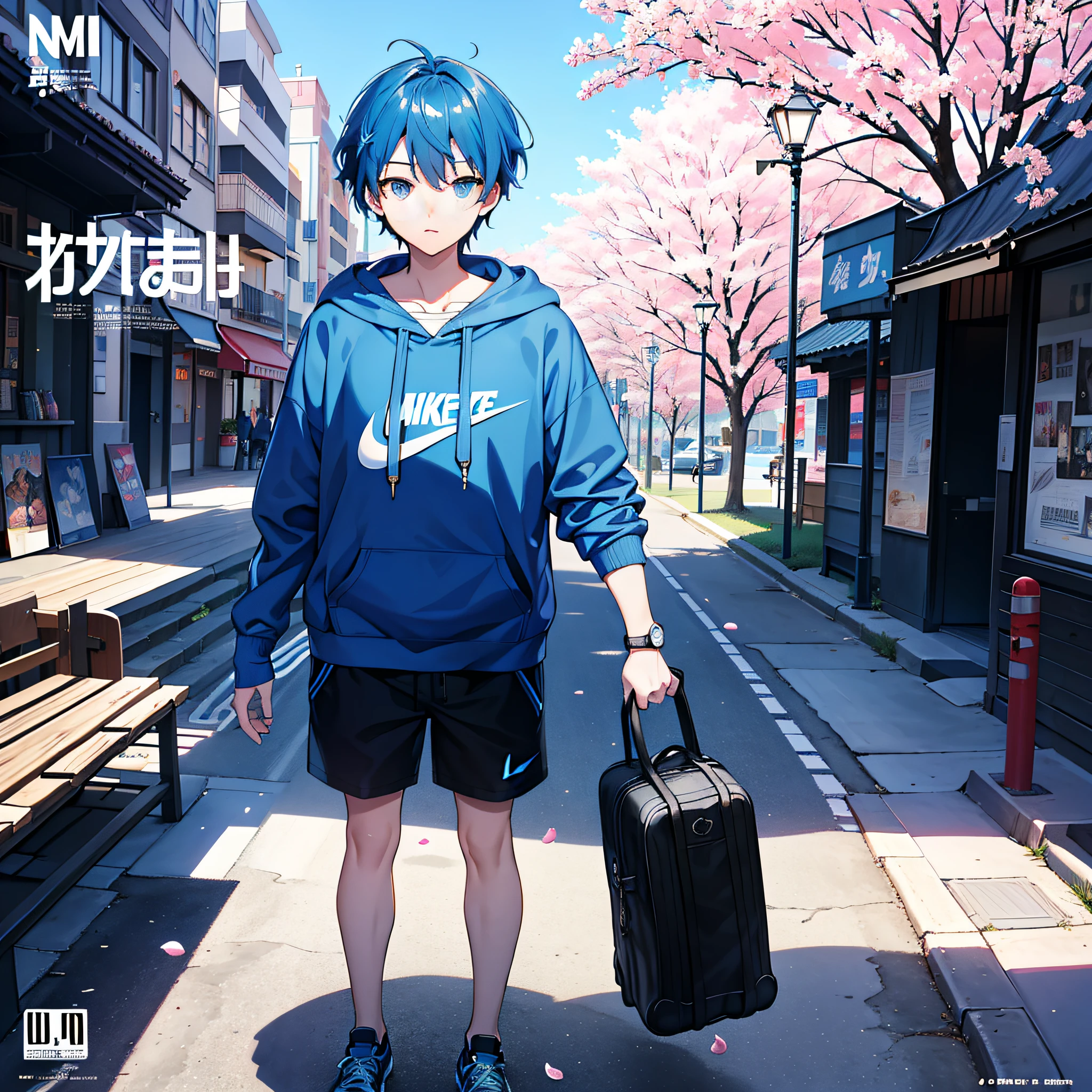 masterpiece, best quality, full body,(1boy), (blue hoodie), blue nike shoes, (Boy Messy Japanese Round Haircut for Thick Hair), (blue hair), black shorts, blush, (solo), street, sky, cherry blossoms, petals,illustration, (magazine:1.3), (cover-style:1.3), fashionable, boy, vibrant, outfit, posing, front, colorful, dynamic, background, elements, confident, expression, holding, statement, accessory, majestic, coiled, around, touch, scene, text, cover, bold, attention-grabbing, title, stylish, font, catchy, headline, larger, striking, modern, trendy, focus, fashion,