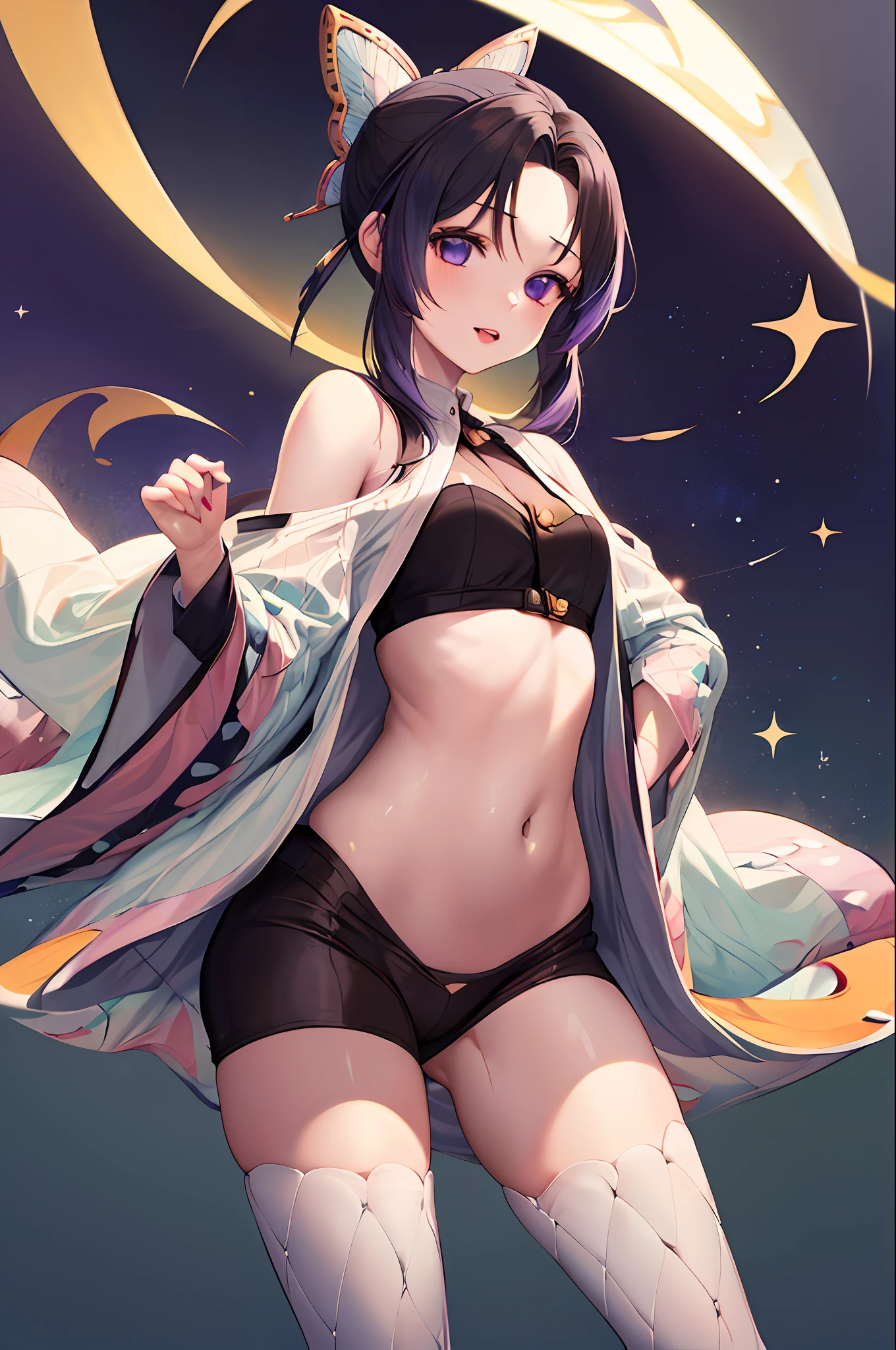 master part, best quality, alto, 1girl, sozinho, Kochou Shinobu, ornamento do cabelo da borboleta, Purple eyes, bunda empinada, ((((tirando a roupa)))), sexy, ((((roupa sem botao))))