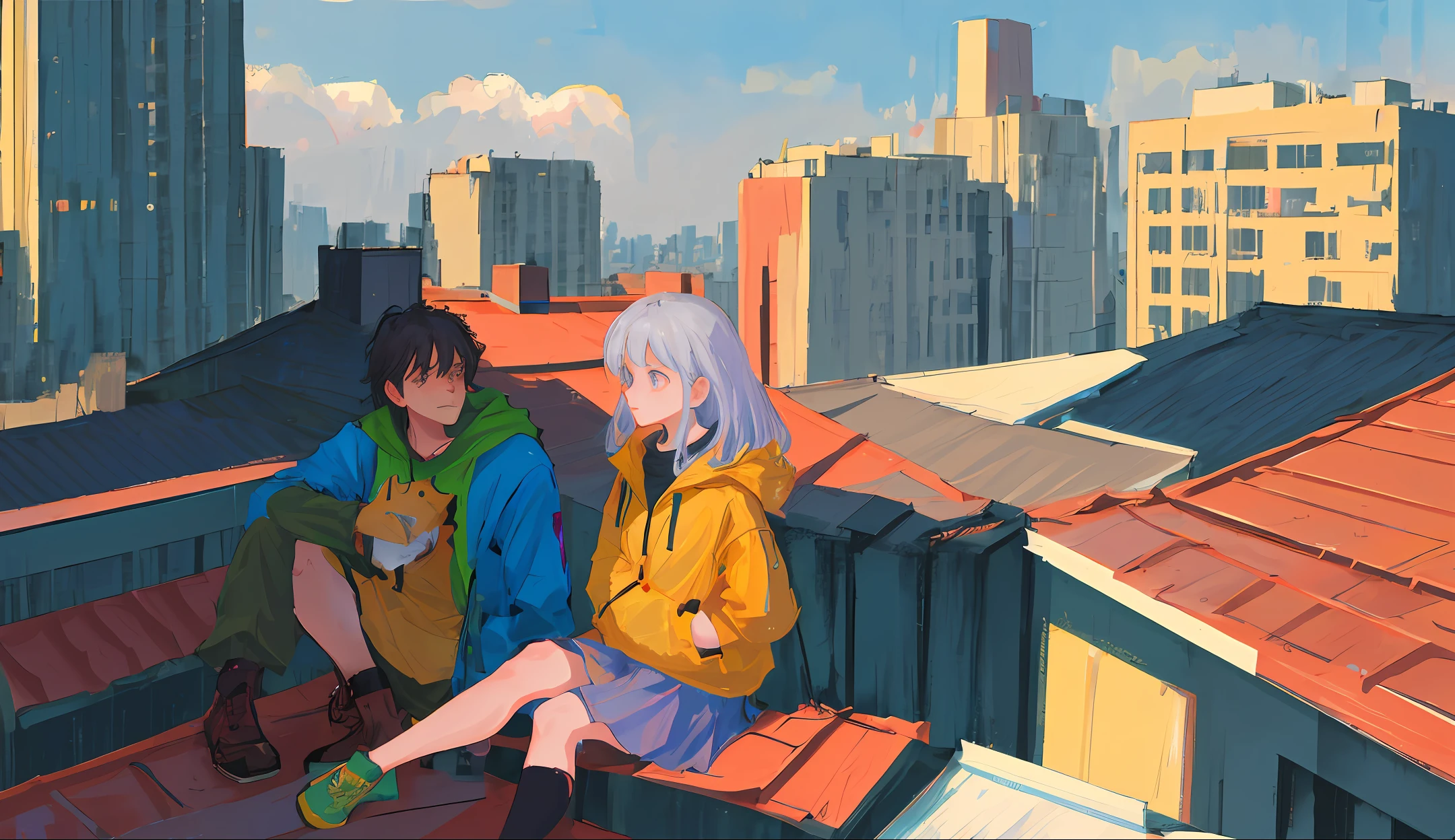A 20-year-old woman and a 25-year-old man. The woman sat on the rooftop with her legs out of the roof. The man stood behind the woman and frowned at the woman