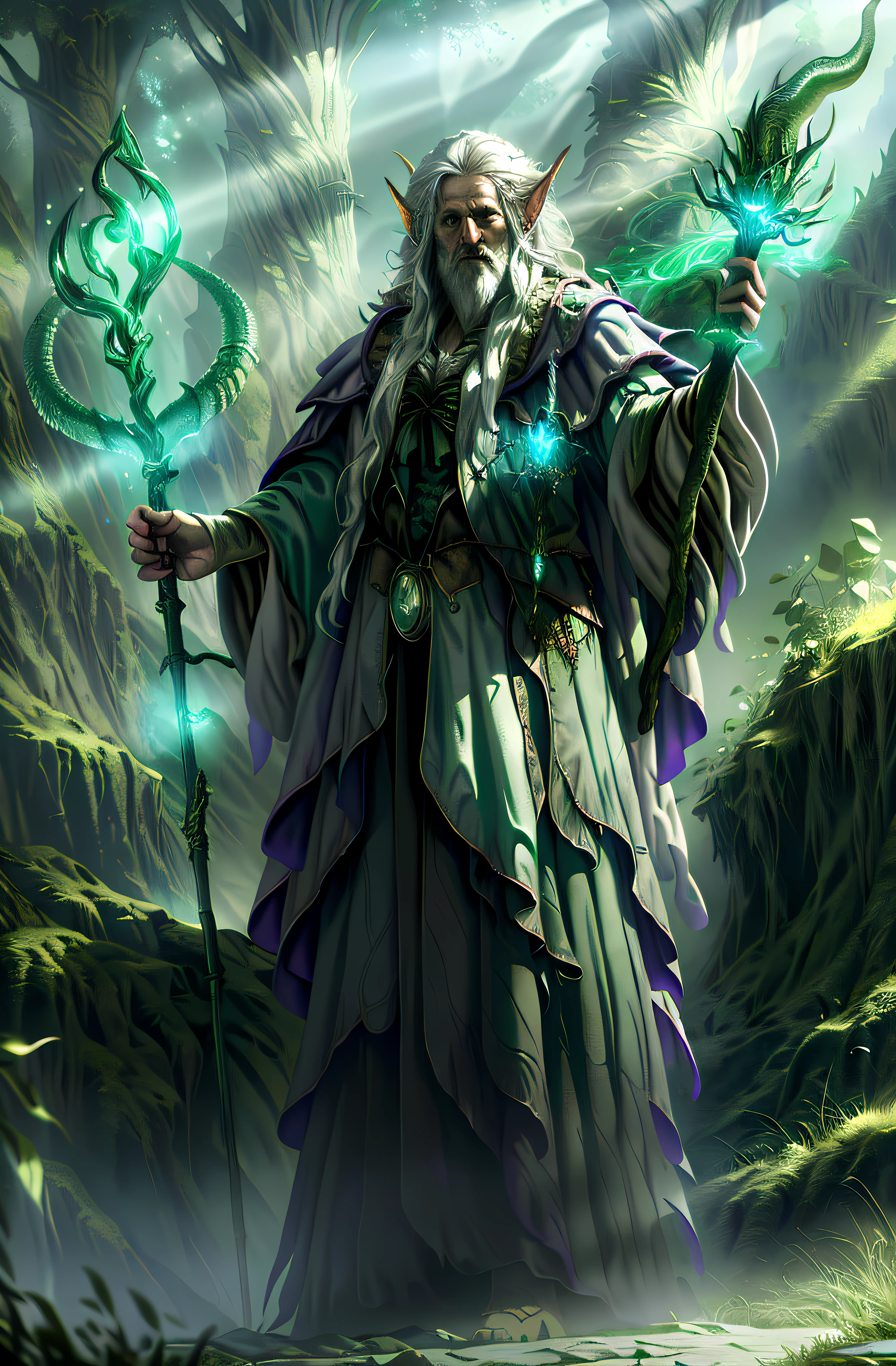 magv1ll, ((masterpiece:1.2, best quality)), 4k, close-up head, facing camera, realistic digital painting portrait of a gothic male druid, (wild hair:1.1), dark skin, elf ears, (Dungeon and Dragon:1.3), magical dark and green forest, (magical staff:1.5), (wizard robe:1.5), (abstract background:1.2), (light particle:1.1), (very detailed skin:1.2), (game concept:1.3), (arcane style:0.8), (depth of field:1.3), global illumination, full body, long white hair, starts in the sky, astrology