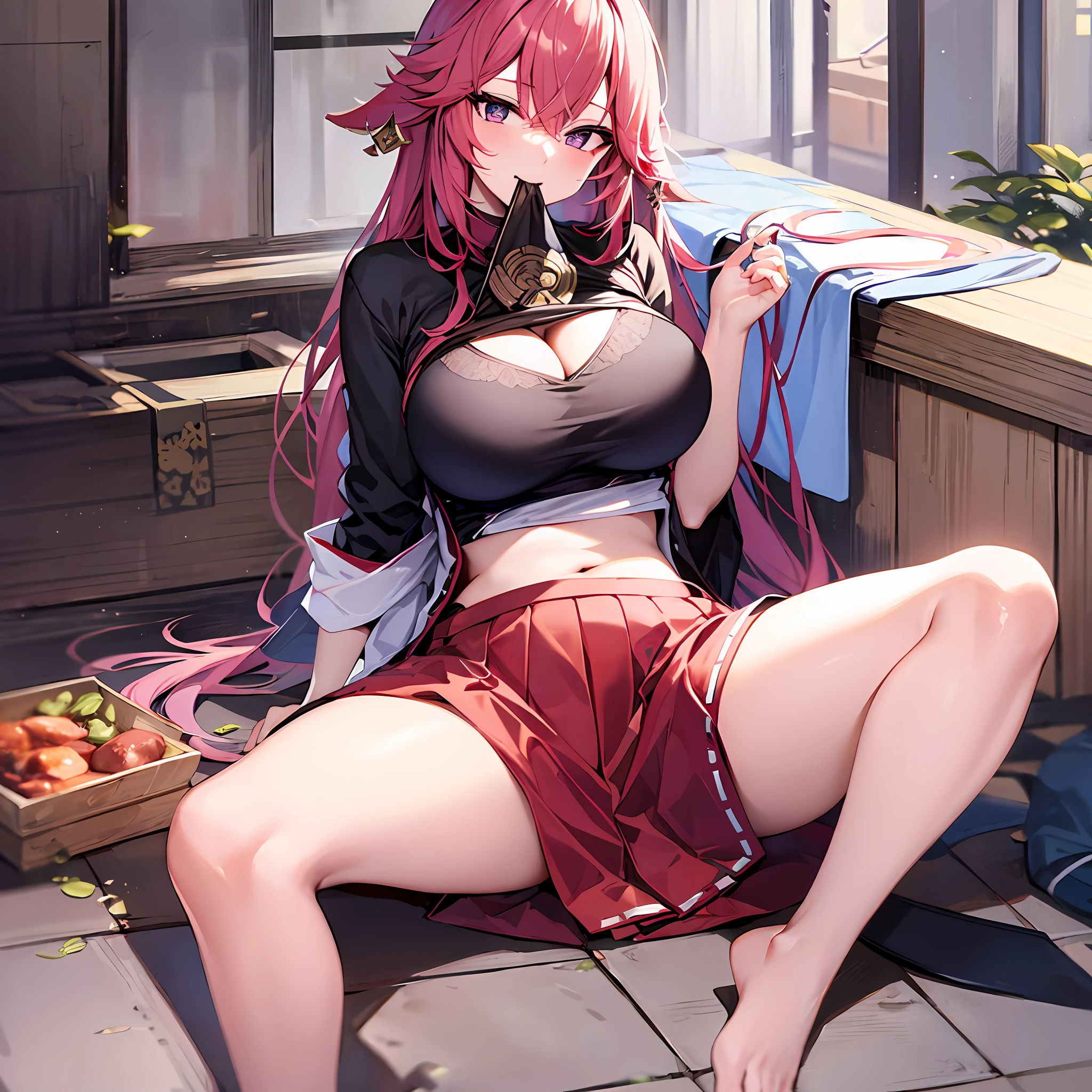 1Yae miko, large breasts,clothes in mouth, cleavage, navel, t-shirt, ((bra)),clothes lift, shirt in mouth, skirt, lying, full Body,sexy body,sitting