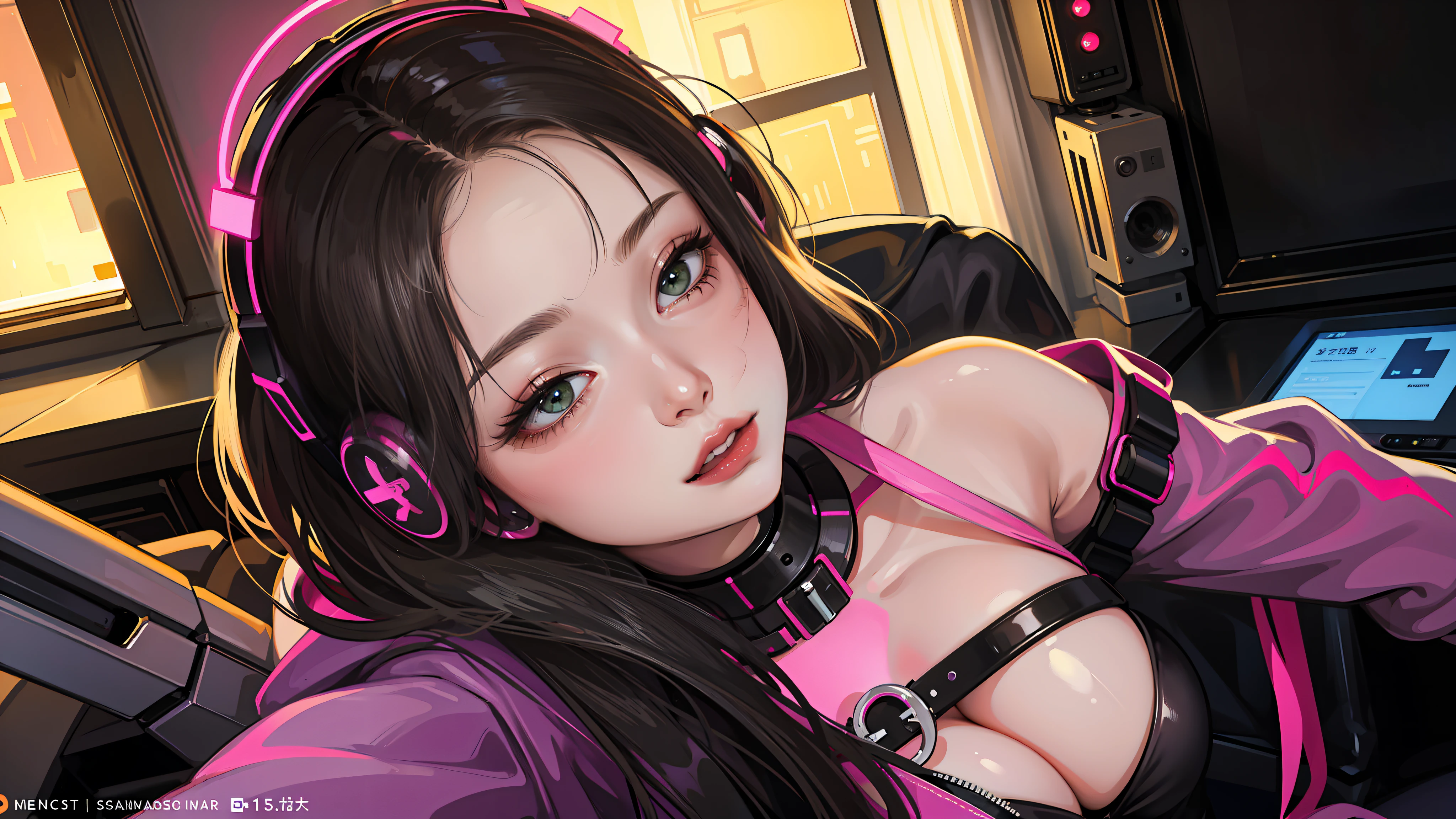 ​masterpiece, top-quality, 超A high resolution,(photographrealistic:1.4),((1girl in)), The upper part of the body, Close-up of a shot of the face, big eye, Colossal tits, cleavage of the breast, pink there,doress、headphones、 cute little, 年轻, the pose, looking at the viewers, cyberpunked, nightcity, criss-cross,A sexy,a room