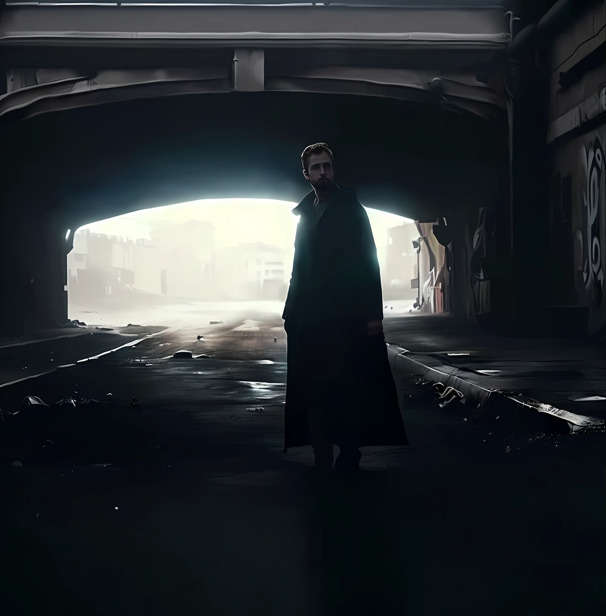 there is a man standing in a tunnel with a coat, film still 8K, Roger Deakins style, Blade Runner 2049 Style, matte painting portrait shot, dramatic sci-fi film still, he is walking through a gloomy city, dystopian lighting, Harry Potter in Cyberpunk, 8k film still, sci-fi cinematic still, Ryan gosling.