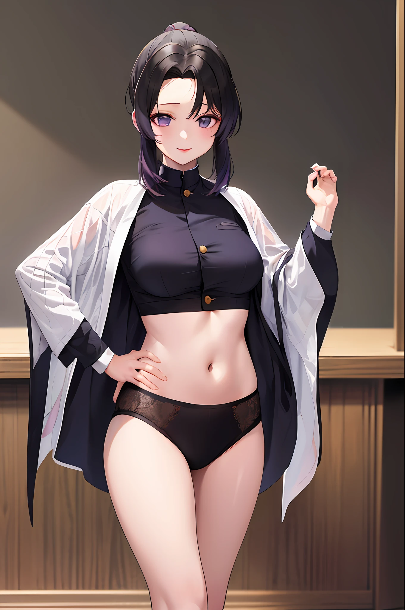 master part, best quality, alto, 1girl, sozinho, Kochou Shinobu, ornamento do cabelo da borboleta, Purple eyes, bunda empinada, ((((tirando a roupa)))), sexy, ((((roupa sem botao)))), peitos de fora, seios expostos, sem sutia, peitos pequenos, camisa aberta, envergonhada