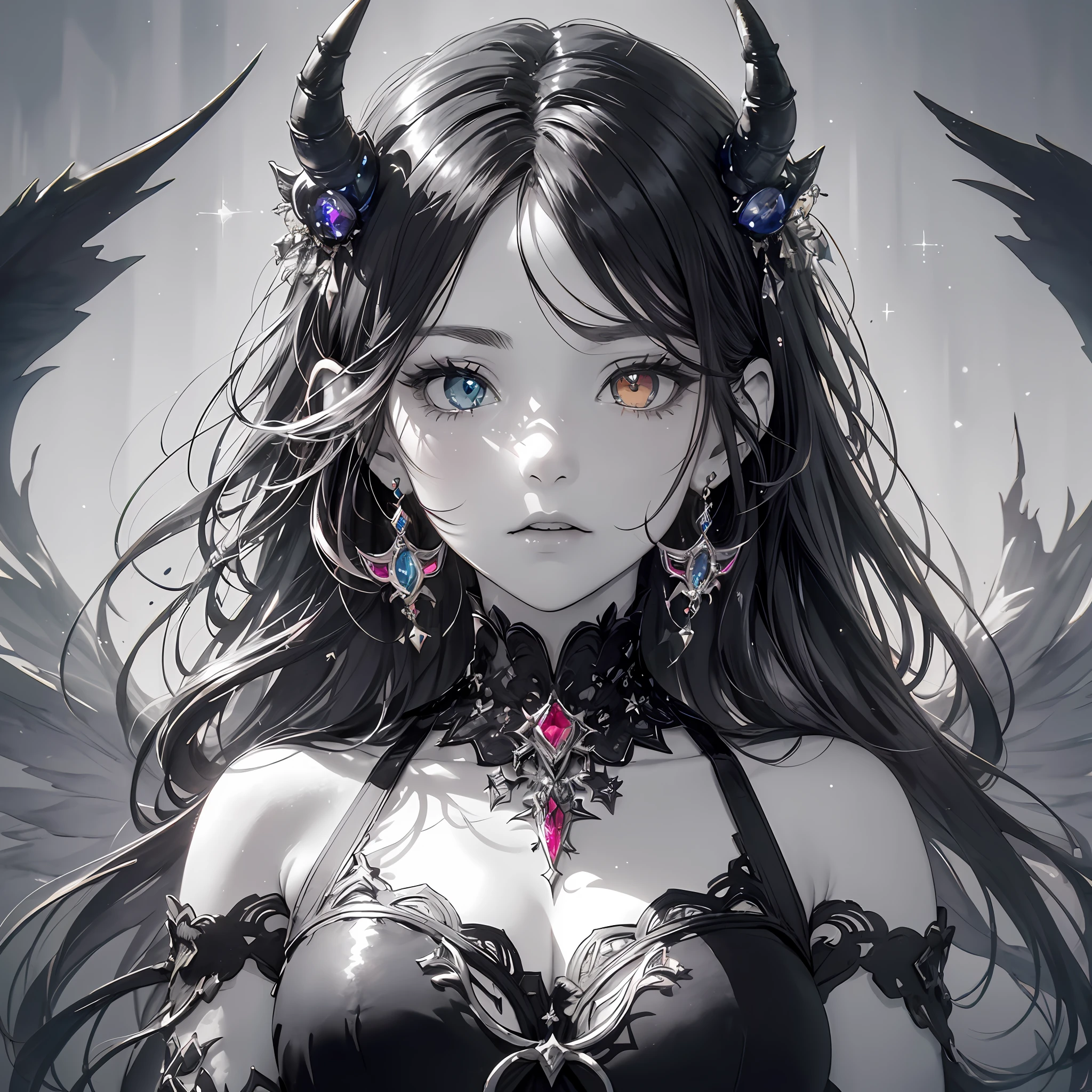 (Best Quality:1.3),4K,8K,8K Portrait,16 K,(masutepiece:1.2),1girl in,Solo,(maximalism:1.7),(Selectioncolormonochrome:1.8),(monochrome color:1.8),(grayscales:1.8),ultra-detailliert,absurderes,(very detailed beautiful face and eyes:1.4),
(dense beautiful hair:1.4),delicate composition,Dark Fantasy,
Super cute girl,Long hair,(Heterochromia:1.4),(Sapphire right eye:1.5),(Ruby left eye:1.5),(Black hair:1.5),(wearing black dress:1.3),(devil:1.8),(Highly detailed demon wings on the back:1.8),(devil horn:1.5),(Jewelry Hair Ornaments:1.8), Sun in your eyes,
The world of your eyes,
All with your eyes,Upper body,
(jewelry eyes:1.5),(Eyelashes:1.3),(symbol in eyes:1.4),(hight resolution, Twinkle,Glitter,Lens Flare,light Particle,Shining:1.4),(Lori:1.8),(Cute:1.8), (Beautiful background:1.3),Thoughtful expression, Empathetic, looking after, kind,
content expression, satisfied, pleased, gratified,
Thoughtful expression, Pensive, Reflective, Contemplative,
Determined expression, resolute, purposeful, Firm,
BREAK,
(Colorful:1.5), Blooming light effect,
Watercolor style, soft blending, fluid colors, dreamy washes, delicate textures, organic shape, atmospheric depth,
Watercolor wash, Translucent layer, Delicate blends, Fluid Textures, Subtle shades, organic shape, poetic atmosphere,