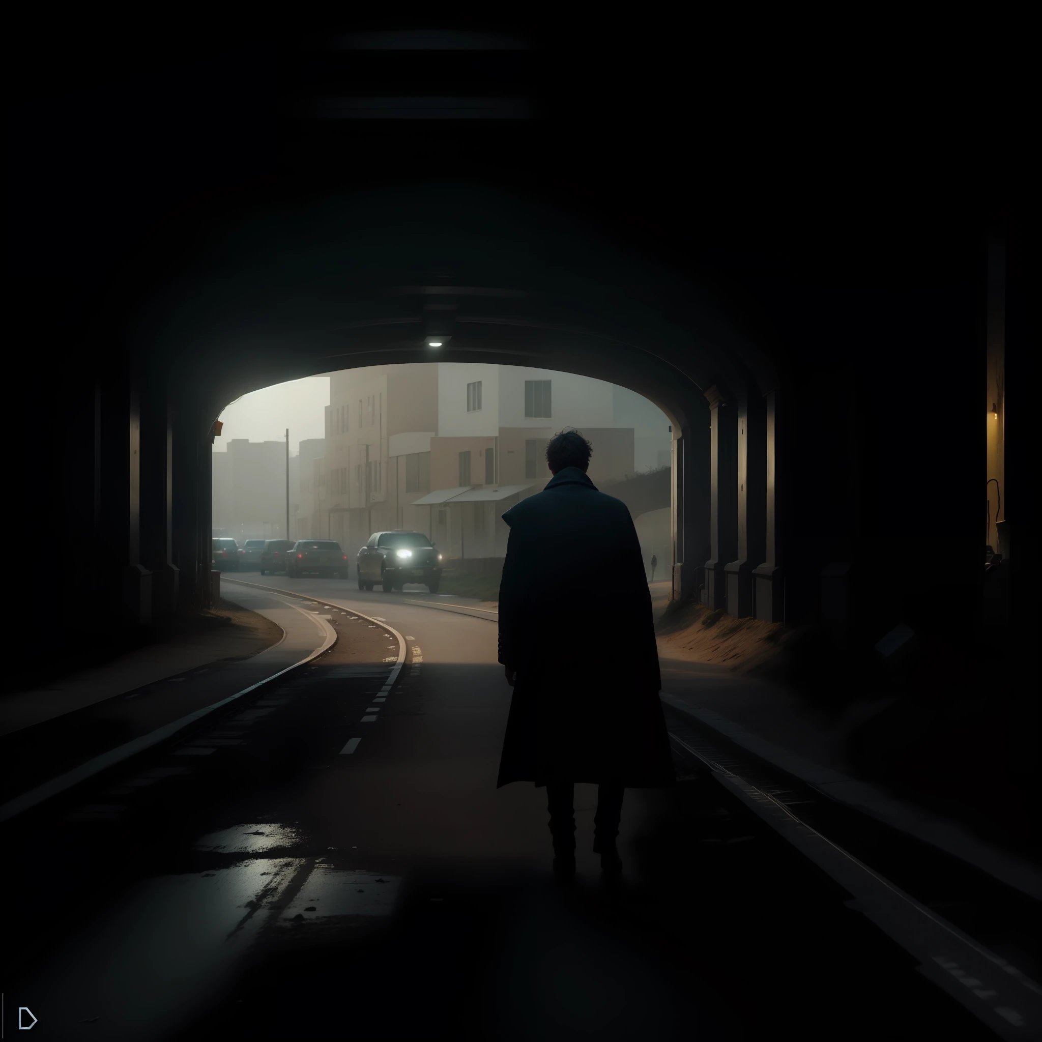 Man in black coat standing in a dark tunnel, No estilo Roger Deakins, Cinematografia deslumbrante e mal-humorada, Zack Snyder Cinematografia Estilo, gloomy cinematic lighting, filme ainda 8K, great composition cinematic, cinematografia impressionante, Cinematography Roger Deakins, 8 k filme ainda, Roger Deakins Cinematografia, Inspirado em Roger Deakins, dramatic cinematic shot, dramatic cinematic composition