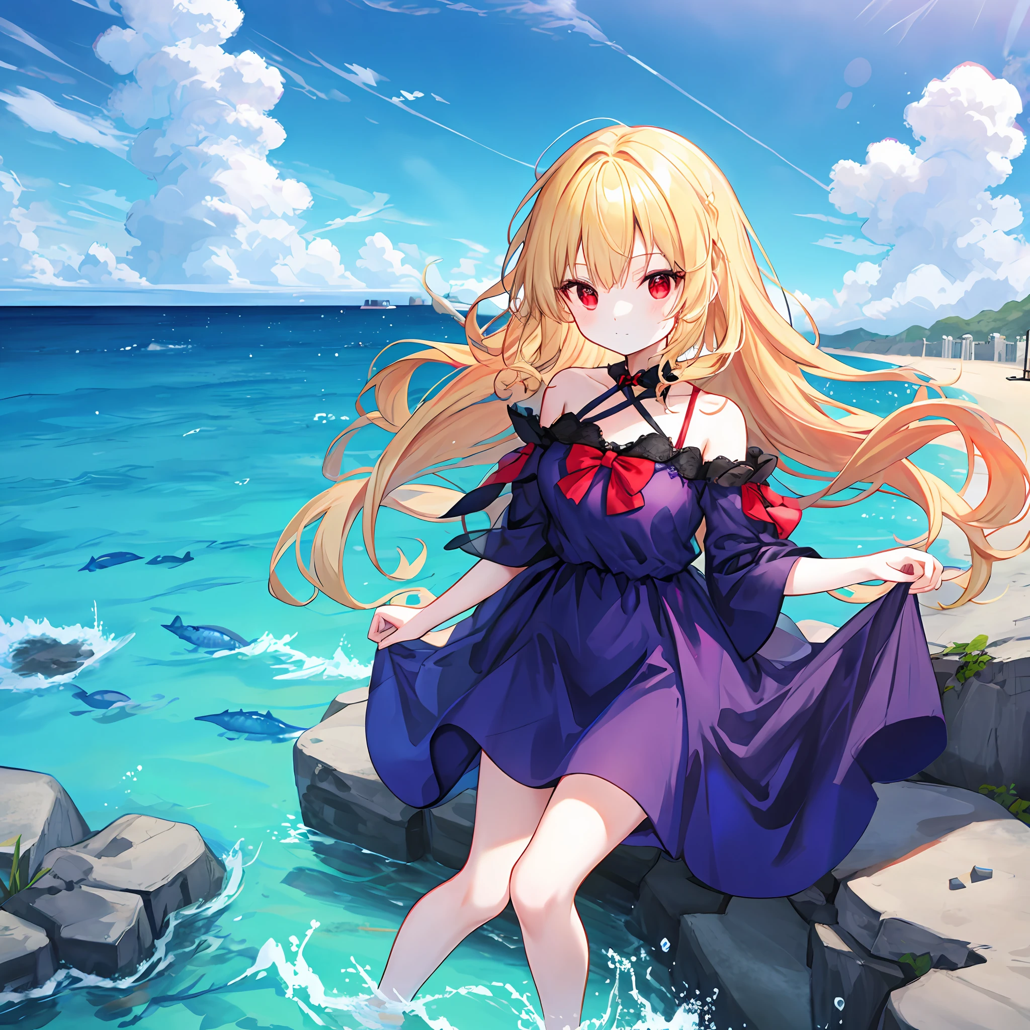 hair wavy、a blonde girl、独奏、red eyes、Dark blue dress、sea side