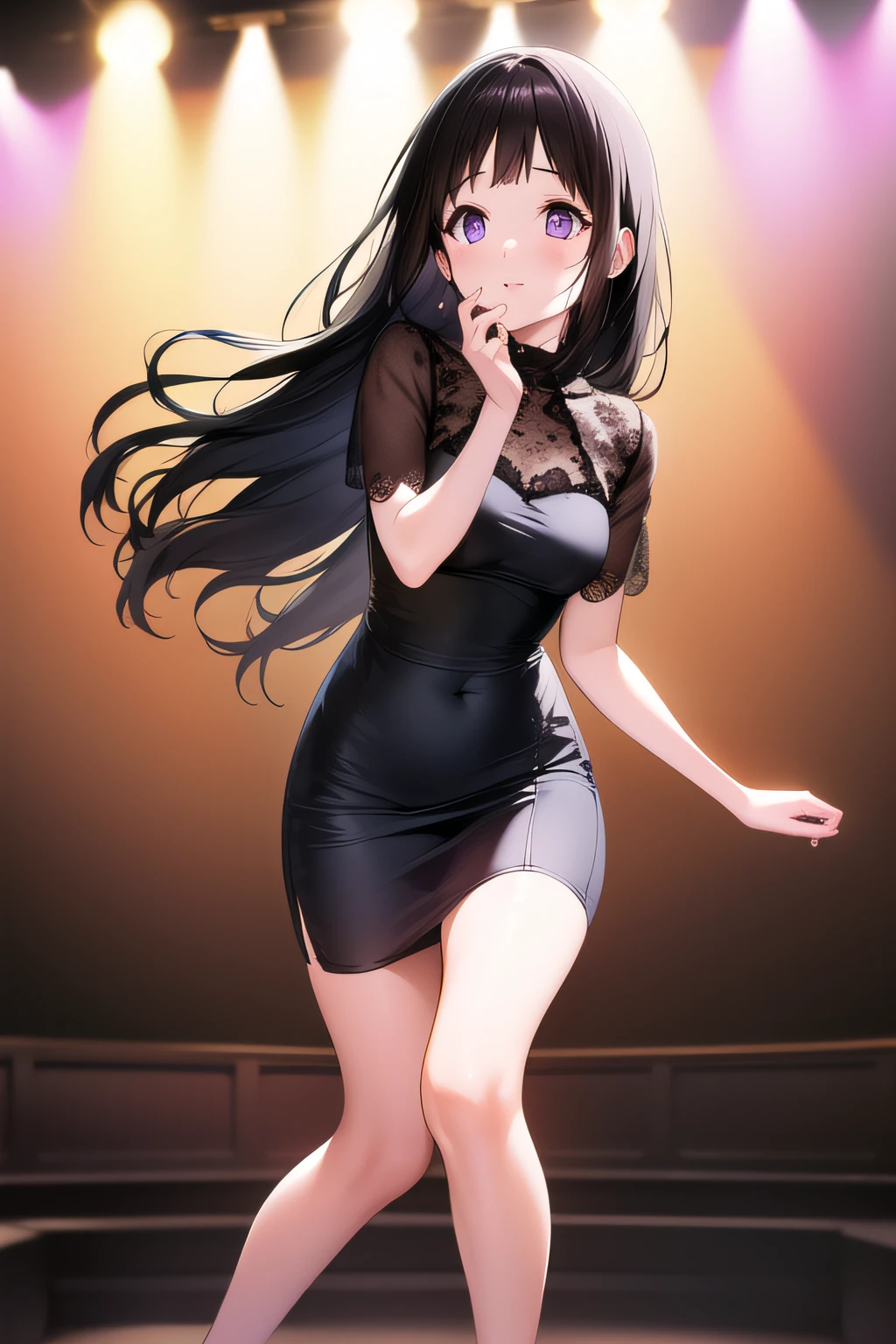 (A superb exquisite Chitanda Eru), full body, purple eyes, black hair, natural straight hair, straight bangs, solo, ((idol)), ((on stage)), (top model), extremely delicate, straight facial features, peerless beautiful girl, soft, (sensual), (ecchi), (kawaii), dreamy quality, exaggerated facial features, solid color, frank holly, delicate face, bright lips smiling, slender waist, soft curves, real light and shadow, super fine, 4k, natural moving, Ultra high resolution, (masterpiece:1.2, best quality), (finely detailed beautiful eyes: 1.2), (beautiful detailed face)