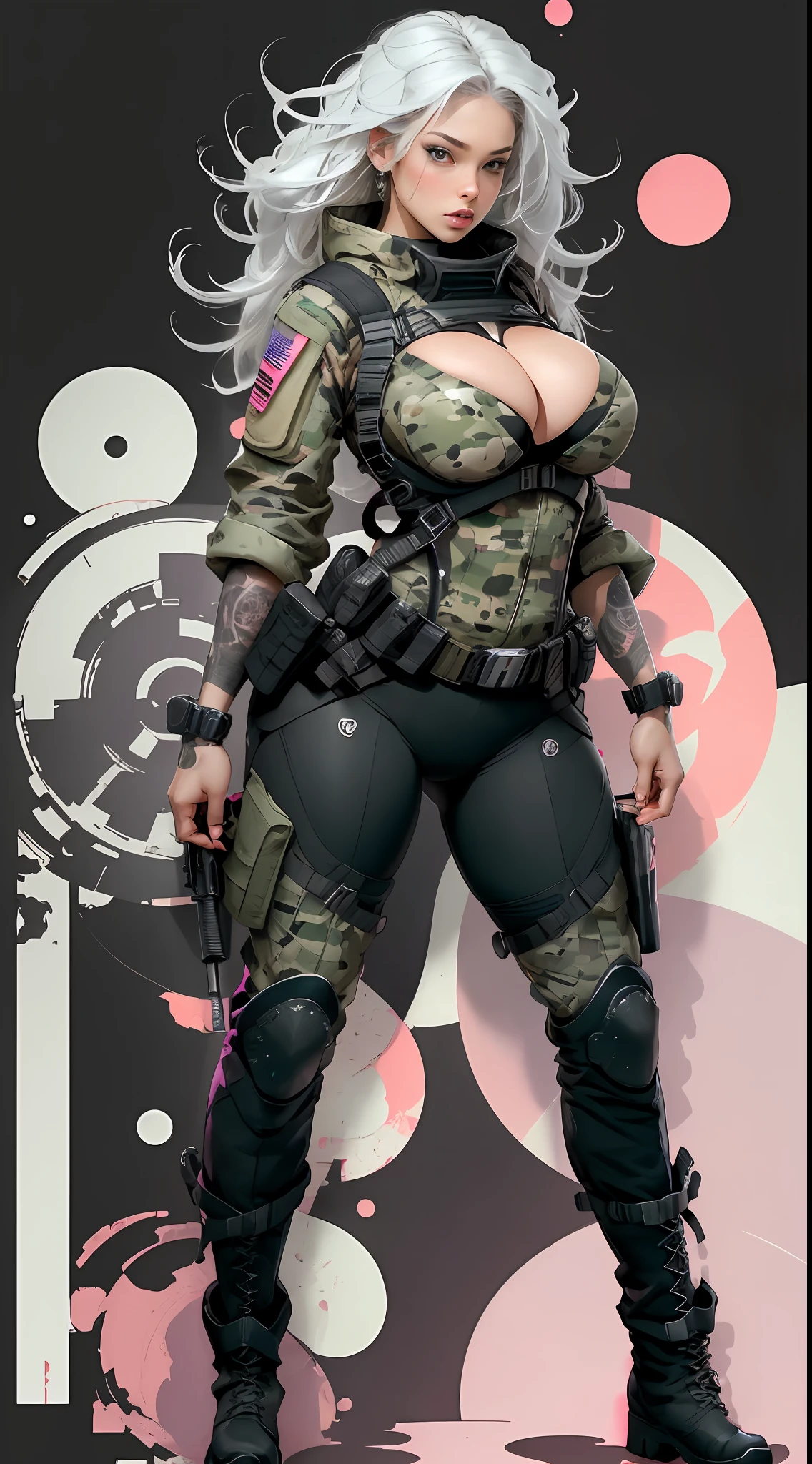 black, pink, white, purple, (long white hair woman), (full body shot), tattoos, busty, big breasts, cleavage, sexy, erotic, (tactical techwear clothes:1.1), (tactical boots:1.1), rebel, bad ass, guerrilla, abstract lines and circles background