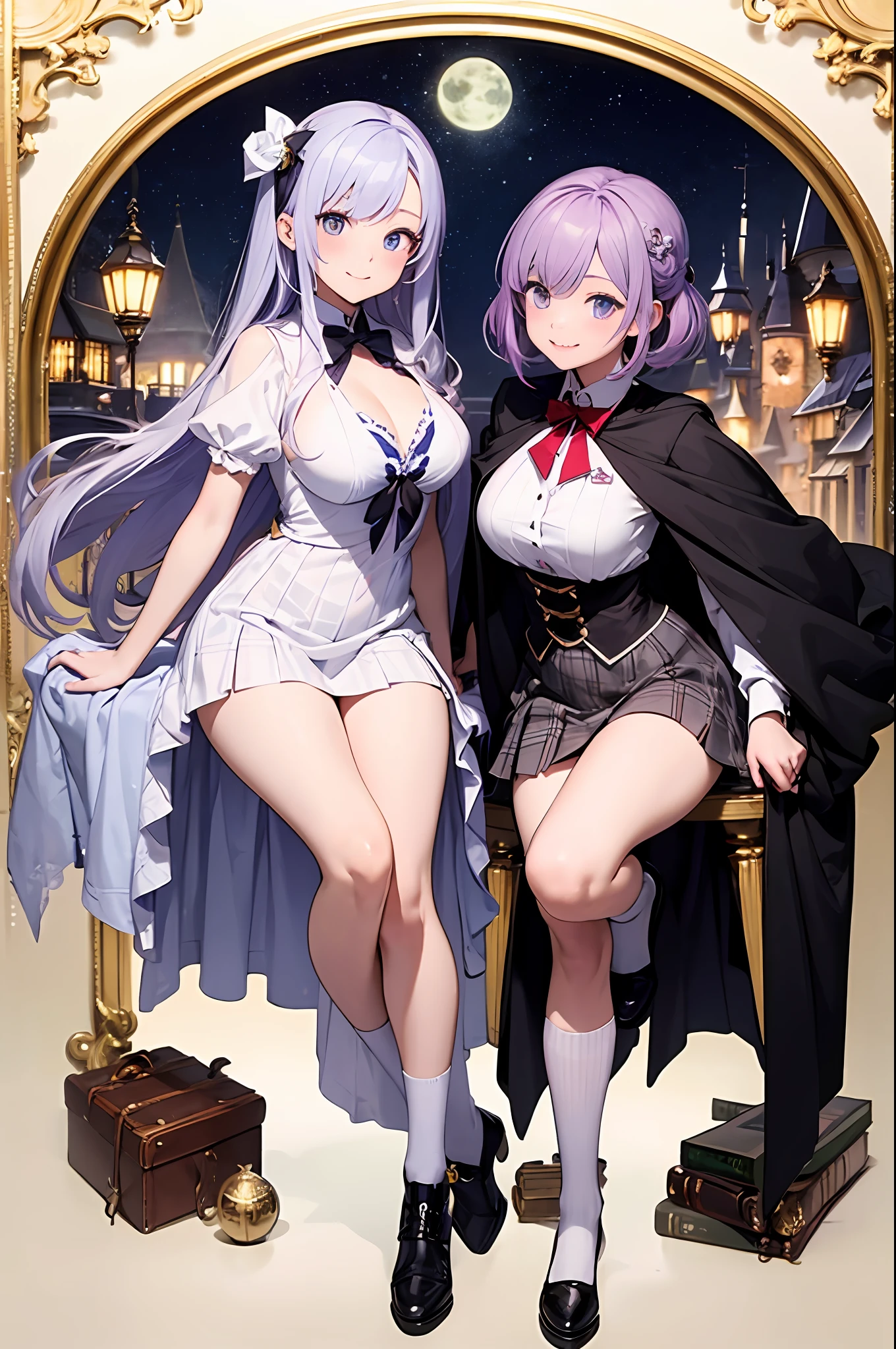 masterpiece, top-quality, 1 girl in、Students of the Magic School、short velvet robe、White Classy Shirt、Plaid pleated skirt、Red ribbons、White High Socks、Leather shoes、Height 120 cm、12year old、Light purple hair、Cute smile、beautiful countenance、beautidful eyes、Slim body、((small tits))、full bodyesbian、magic school、Fantasia、in isekai、Medieval Europe、FULL BODYSHOT、Dynamic poses、Dynamic angles、Harry Potter、