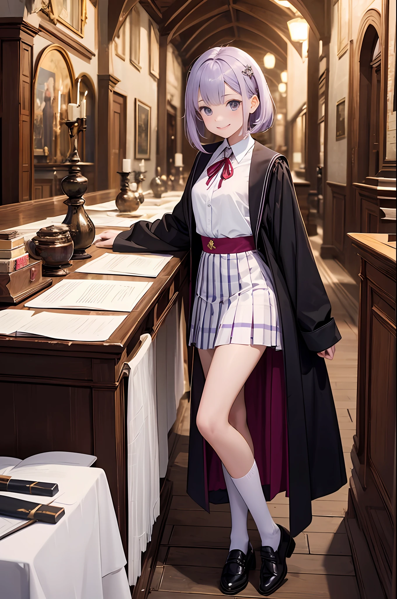 masterpiece, top-quality, 1 girl in、Students of the Magic School、short velvet robe、White Classy Shirt、Plaid pleated skirt、Red ribbons、White High Socks、Leather shoes、Height 120 cm、12year old、Light purple hair、Cute smile、beautiful countenance、beautidful eyes、Slim body、((small tits))、full bodyesbian、magic school、Fantasia、in isekai、Medieval Europe、FULL BODYSHOT、Dynamic poses、Dynamic angles、Harry Potter、