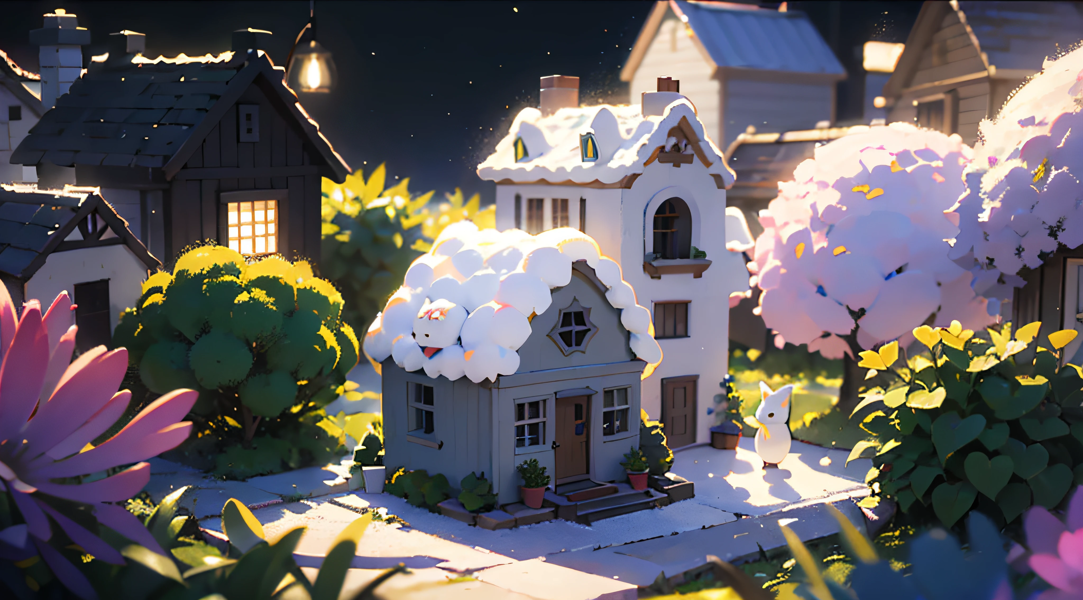 cute world of wool felt, wool knitted fabric, cartoon, some small houses, farms, barracks, warehouses, flower houses, super cute, superb lighting, volumetrics, by Jon Klassen, Ghibli Studio style, Tilt - shift, 80mm lens, Large aperture, 3d, blender, masterpiece, super detail, best quality, --v6