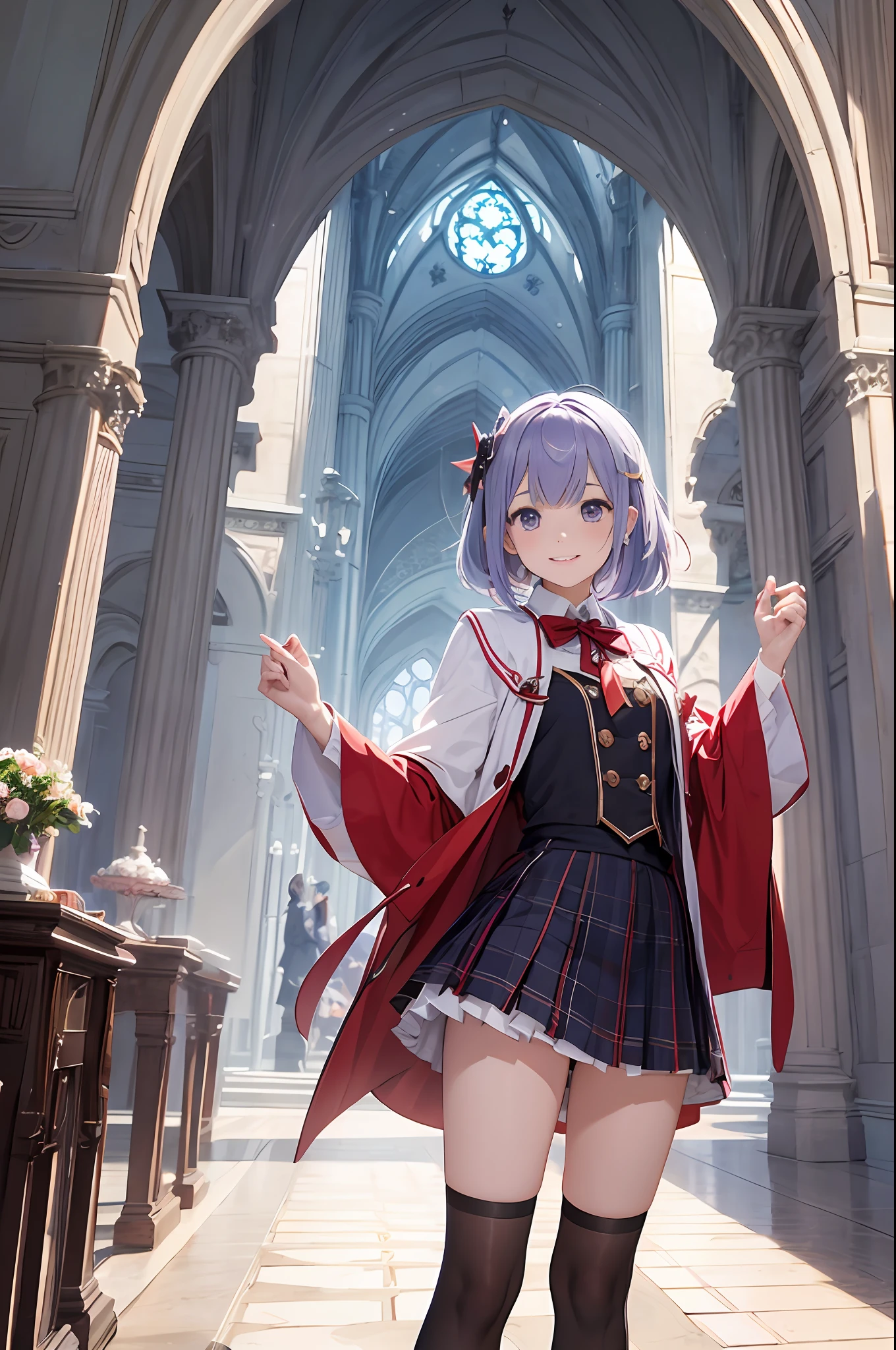 ​masterpiece, top-quality, 1 girl in、Students of the Magic School、short velvet robe、White Classy Shirt、Plaid pleated skirt、Red ribbons、White High Socks、Leather shoes、Height 120 cm、ar old、Light purple hair、Cute smile、beautiful countenance、beautidful eyes、Slim body、（（small tits））、full bodyesbian、magic school、Fantasia、in isekai、Medieval Europe、FULL BODYSHOT、Dynamic poses、Dynamic angles、Harry Potter、