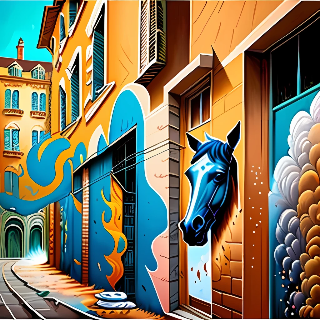 Street road painting art, horses in wall, spray painting